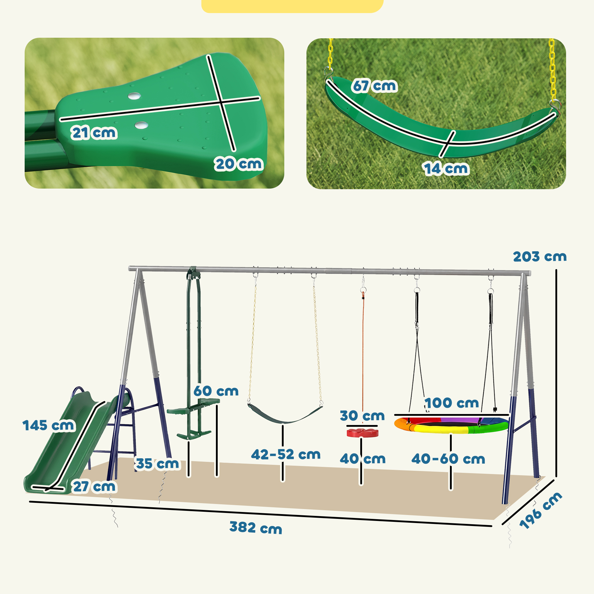 5 in 1 Schaukelgestell mit Rutsche höhenverstellbar Schaukelgerüst mit Nestschaukel 382x196 x203 cm Mehrfarbig