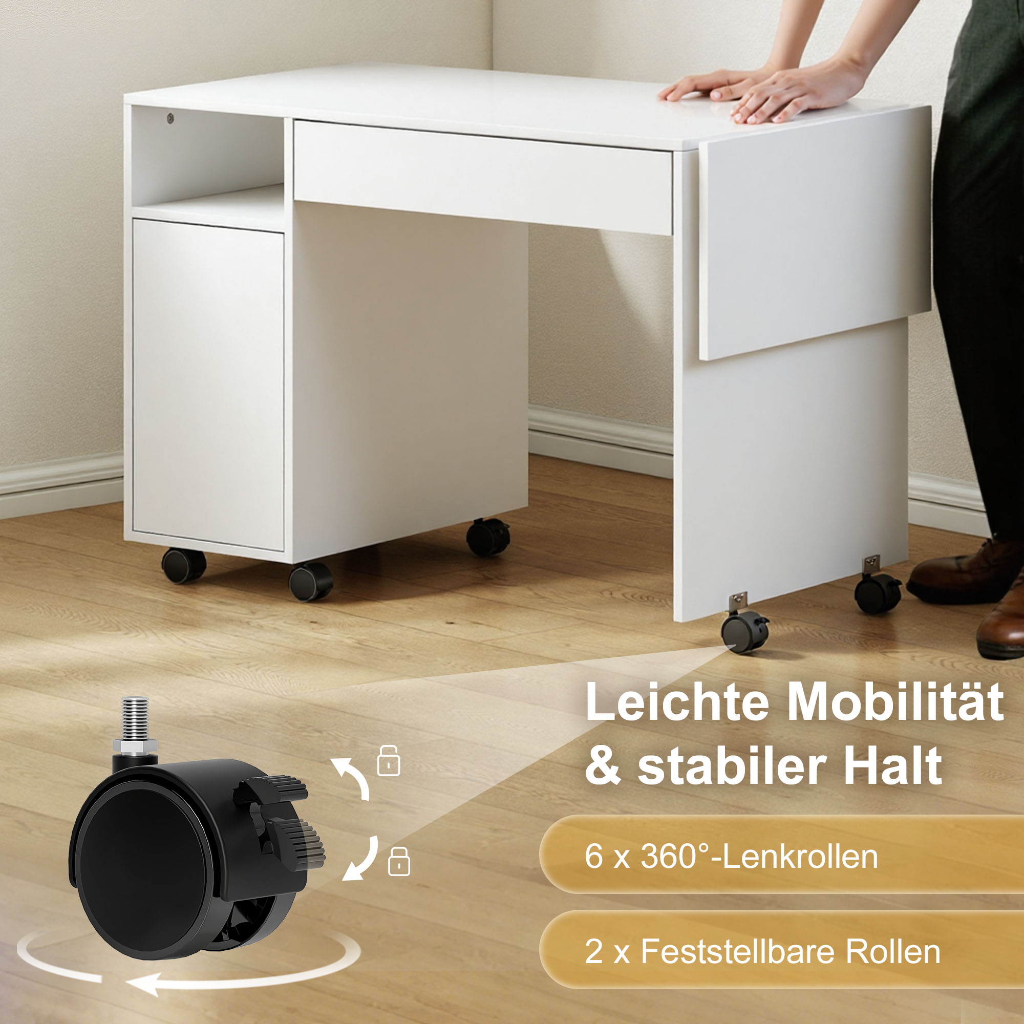Rollbarer Computertisch, klappbarer Schreibtisch mit Schrank und Schublade, Spanplatte, Weiß