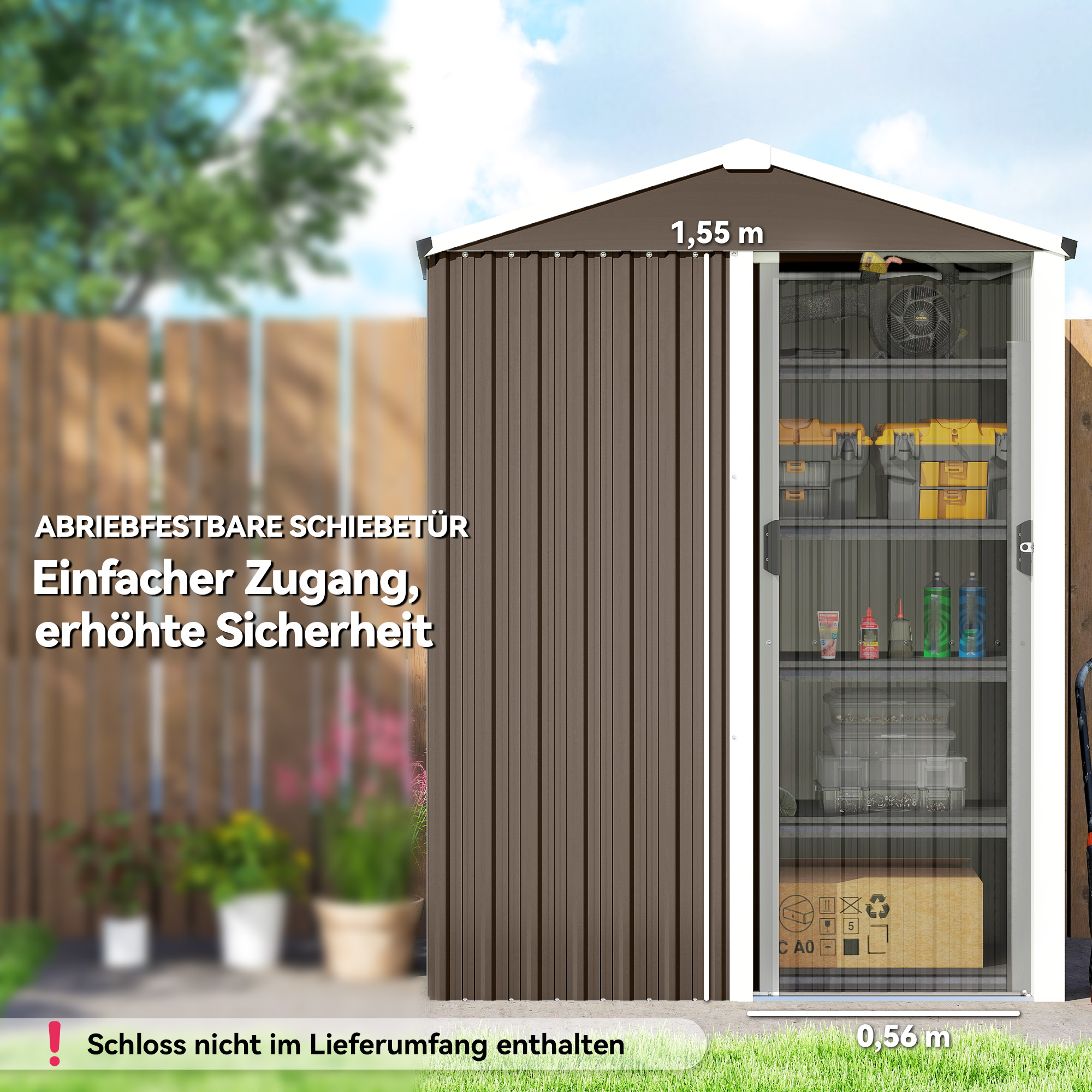 Metall Gerätehaus 1,1 m², Geräteschuppen mit Sattedach Abschließbarer Schiebetür Handschuhen, 136 x 87 x 179 cm