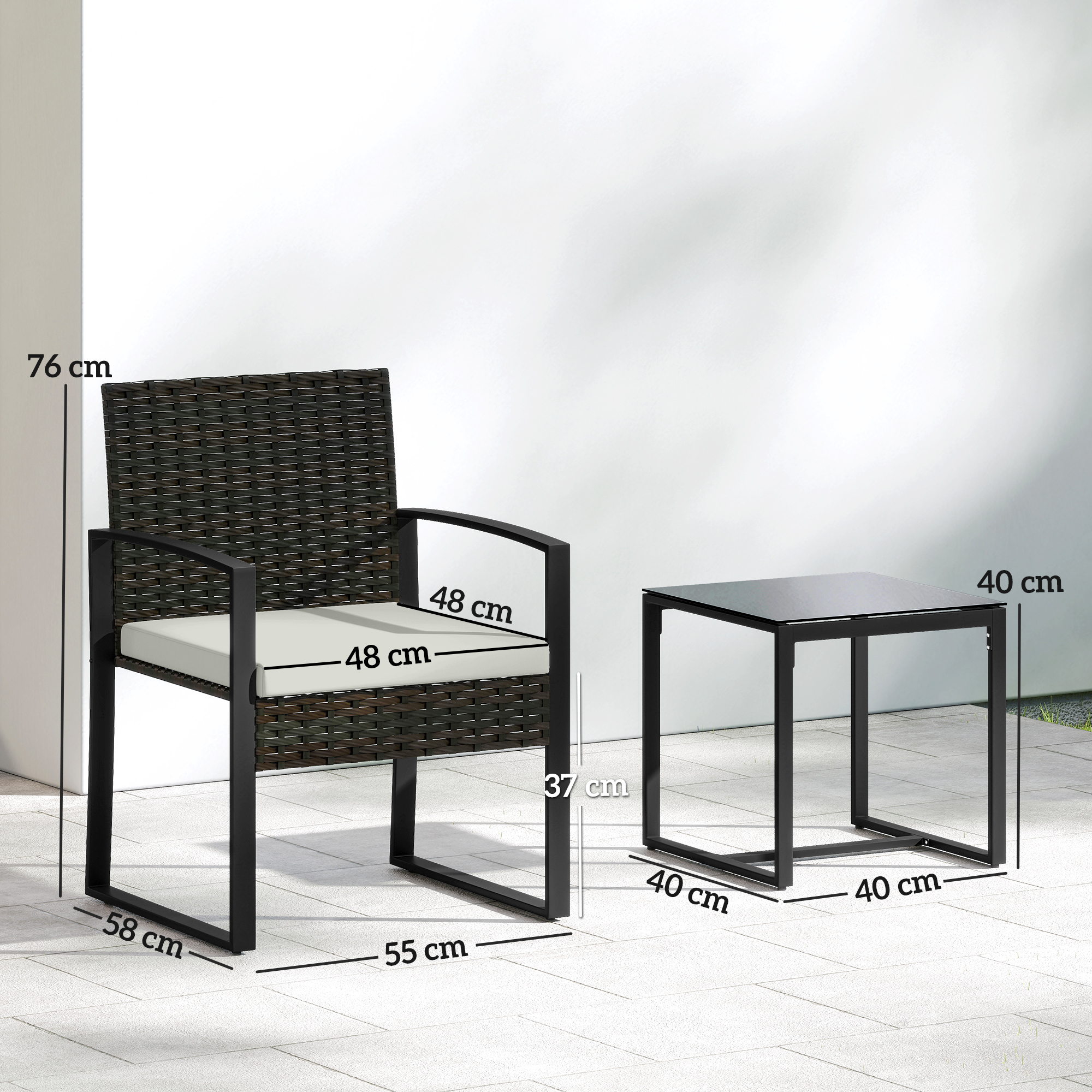Rattan Bistroset, 3 teiliges Gartenmöbel-Set mit 2 Gartenstühlen, Couchtisch, abnehmbar Kissen Cremeweiß