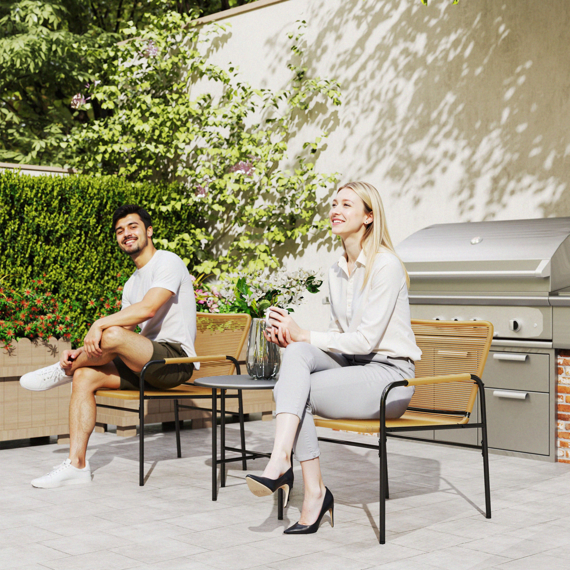 3-tlg, Rattan Bistroset, Sitzgruppe, Gartengarnitur mit 2 Gartensesseln, Couchtisch 54 x 66 x 76 cm Gelb