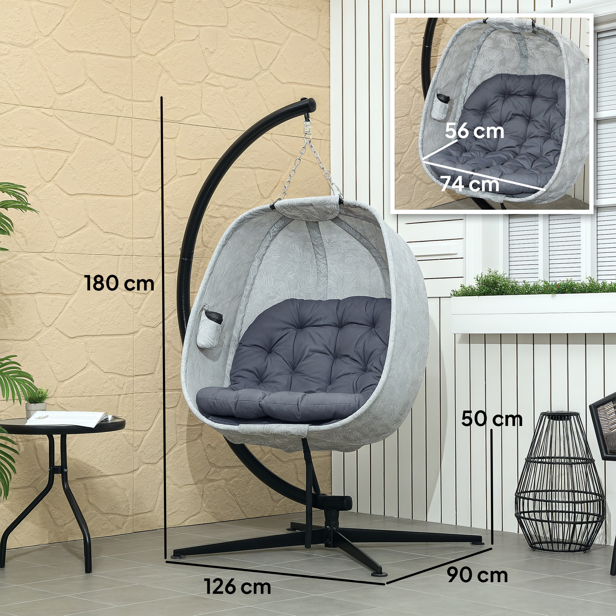 Eiförmiger Hängesessel für den Außenbereich, Hängeschaukel mit Gestell, Sitzpolstern Indoor Outdoor