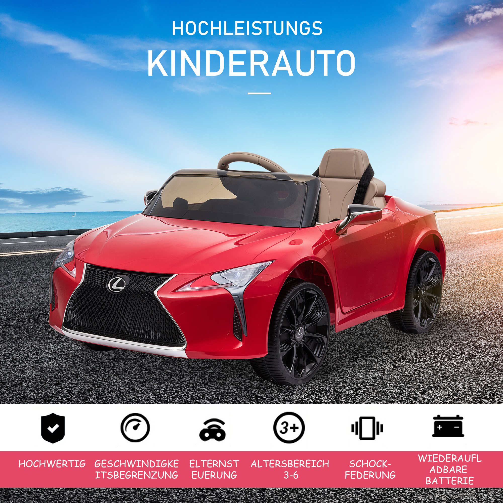 Kinderauto von Lexus Kinderfahrzeug für 3-6 Jahre Elektroauto mit MP3 Musik Rot 106 x 43 x 44 cm