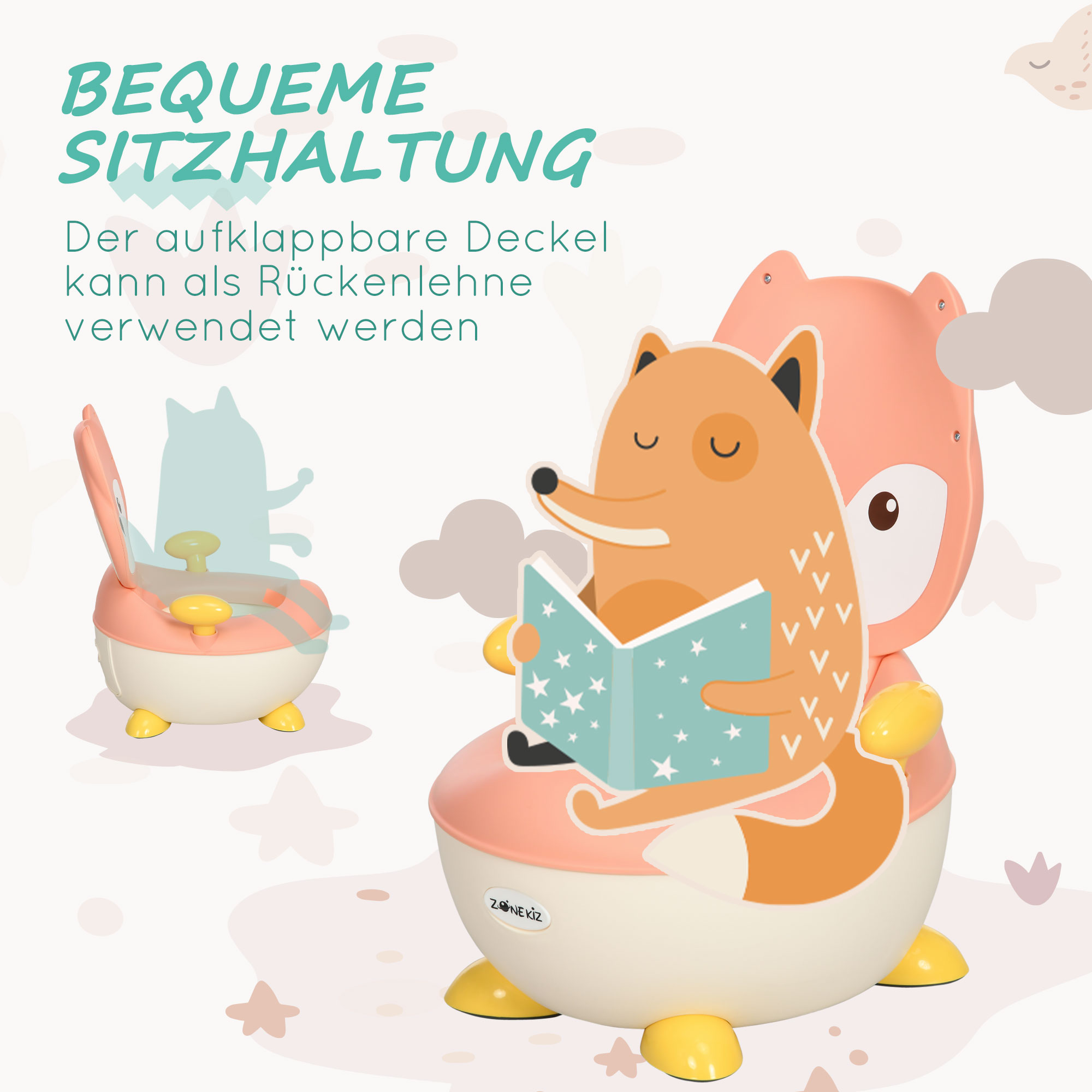Töpfchen für Kinder 0,5 bis 3 Jahre, rutschfest, Innentopf, Spritzschutz, Fuchs-Design, 34,5 x 35 x 23 cm