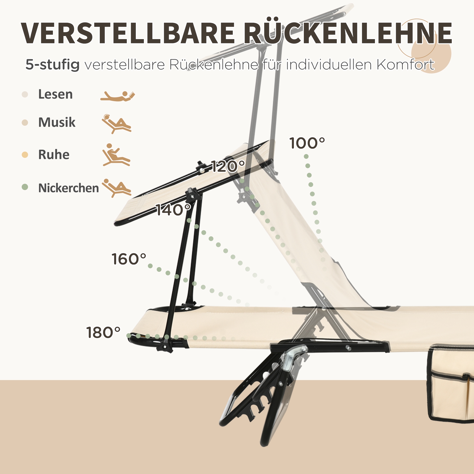 2er Set Sonnenliege klappbar Gartenliege mit Sonnendach 5-Fach höhenverstellbarer Rückenlehne Braun