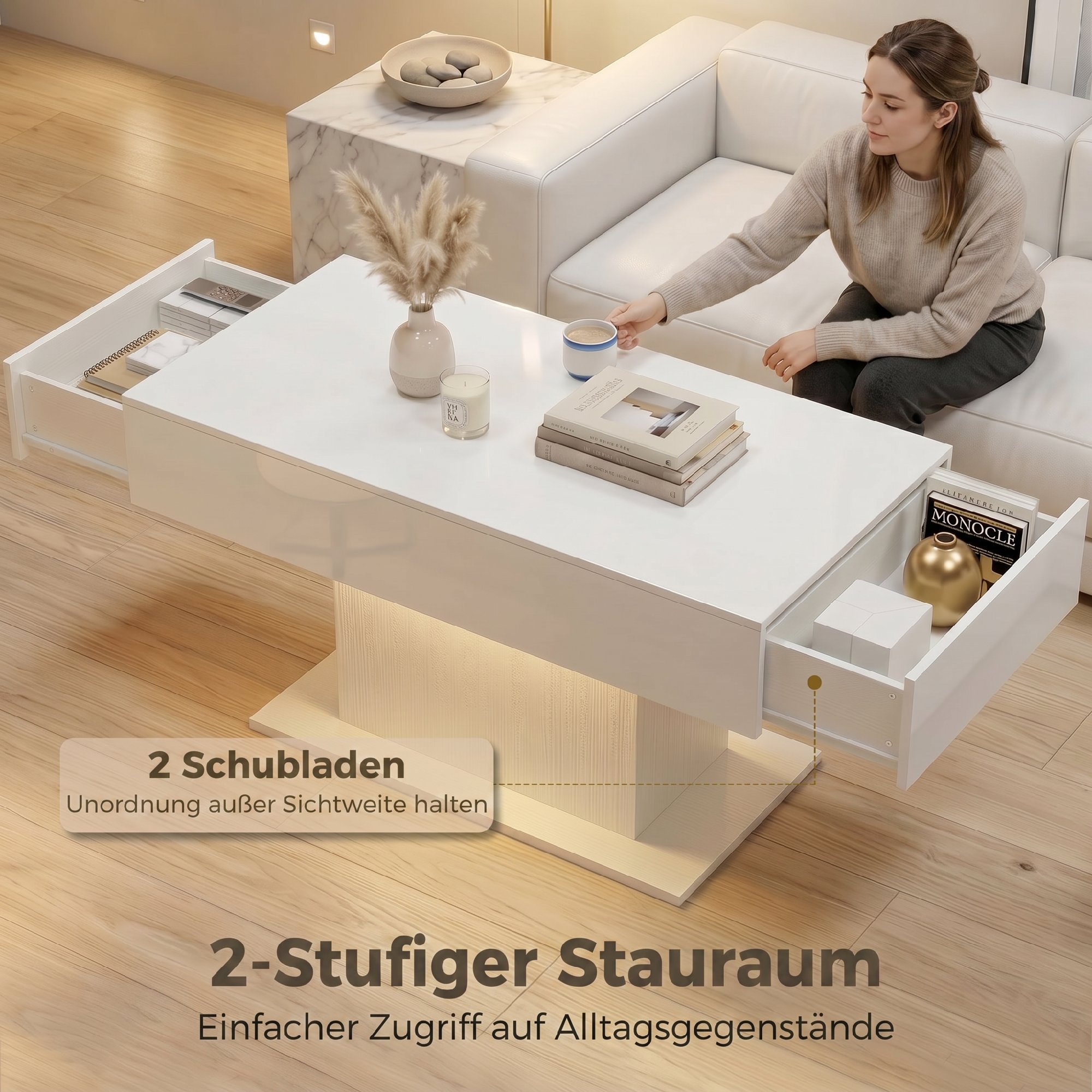 LED Couchtisch mit Stauraum, Hochglanz, Modern, 2 Schubladen & Fernbedienung, Weiß