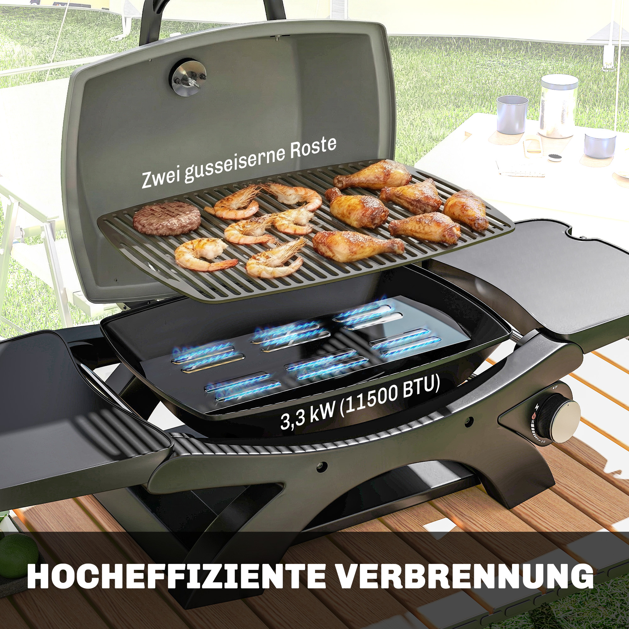 Gasgrill 3,3 KW Tischgrill mit 1 Brenner klappbar Seitentischen Gusseisen Grillroste herausnehmbar Fettauffangschale