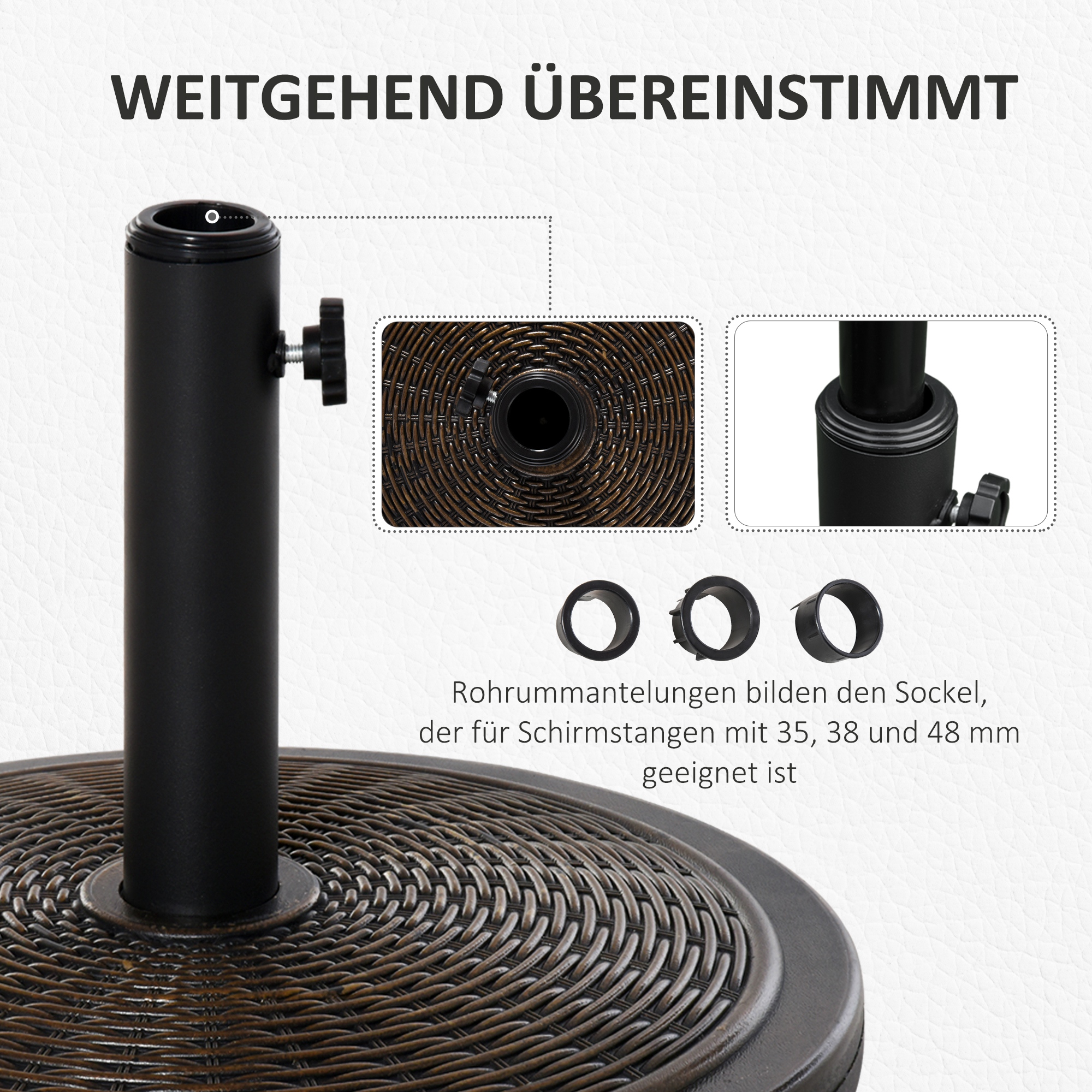 Sonnenschirmständer aus Zement 14kg Rund Schirmständer mit Rattanoptik für Sonnenschirm 35mm/38mm/48mm Rohrdurchmesser