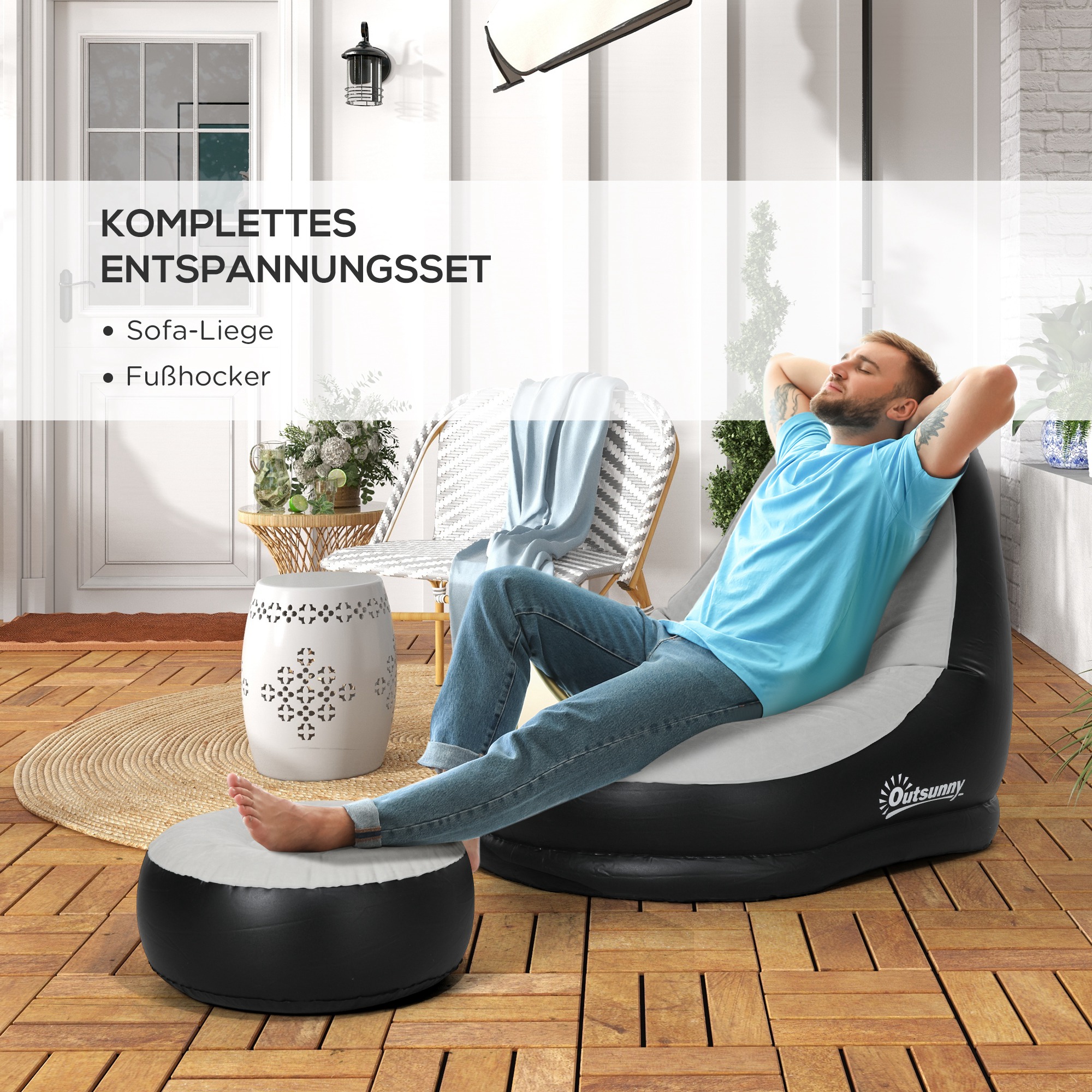 aufblasbarer Sessel, Luftsessel, Outdoor-Sessel, 125 x 100 x 87cm, Grau + Schwarz