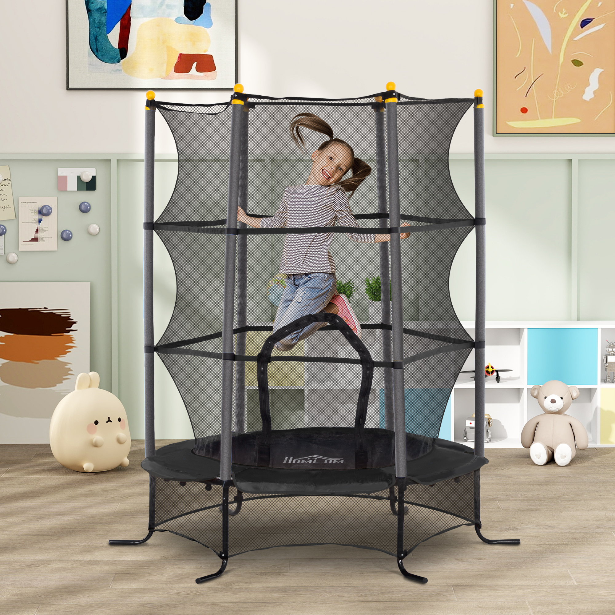 Trampolin für Kinder, Ø163 cm, mit Sicherheitsnetz, In- und Outdoor, Belastung bis 50 kg, Stahl, Kunststoff, Schwarz