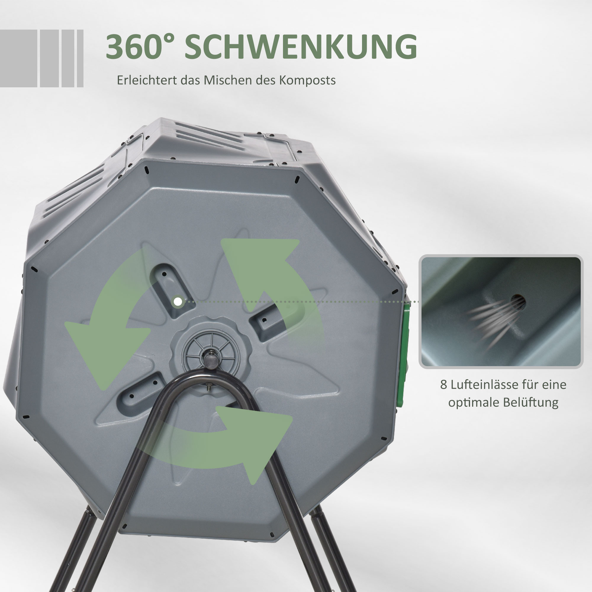 Kompostbehälter mit 2 Behältern, 160 L Fassungsvermögen, drehbar, 71 cm x 65 cm x 96 cm, Grau + Grün + Schwarz