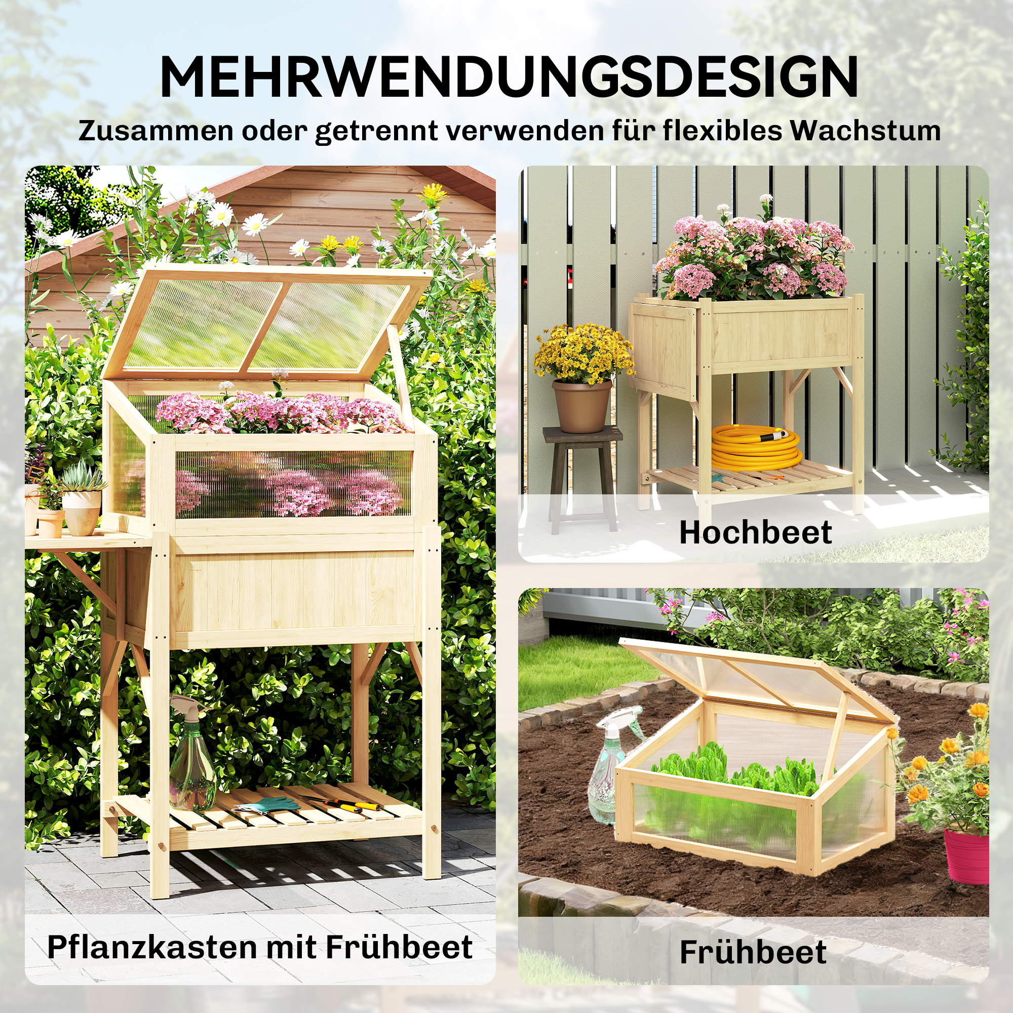 Hochbeet mit Frühbeetaufsatz aus Holz Pflanzkasten mit Gewächshaus klappbar Seitentisch Ablagefach Naturholz
