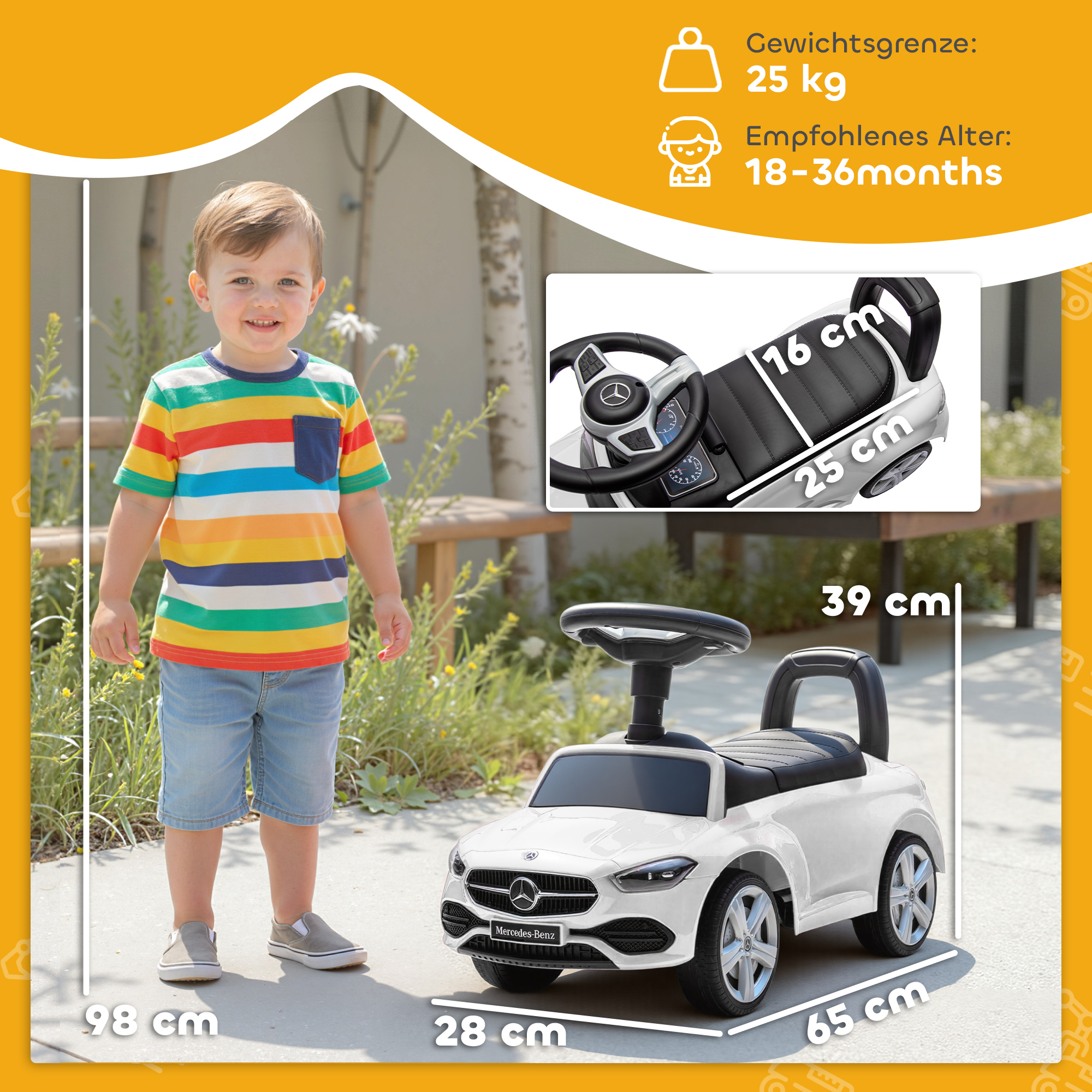 Mercedes-Benz C-Class Rutschauto mit Hupe, Motorgeräuschen, Stauraum, für Kinder 18-36 Monate, Weiß