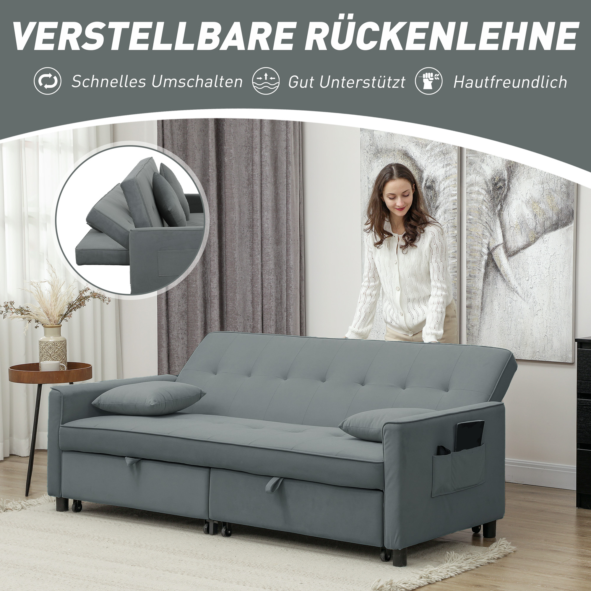 Sofabett, verstellbare 3-Sitzer-Couch mit Bettfunktion, Schlafsofa mit ausziehbarem Bett, Kissen, Grau