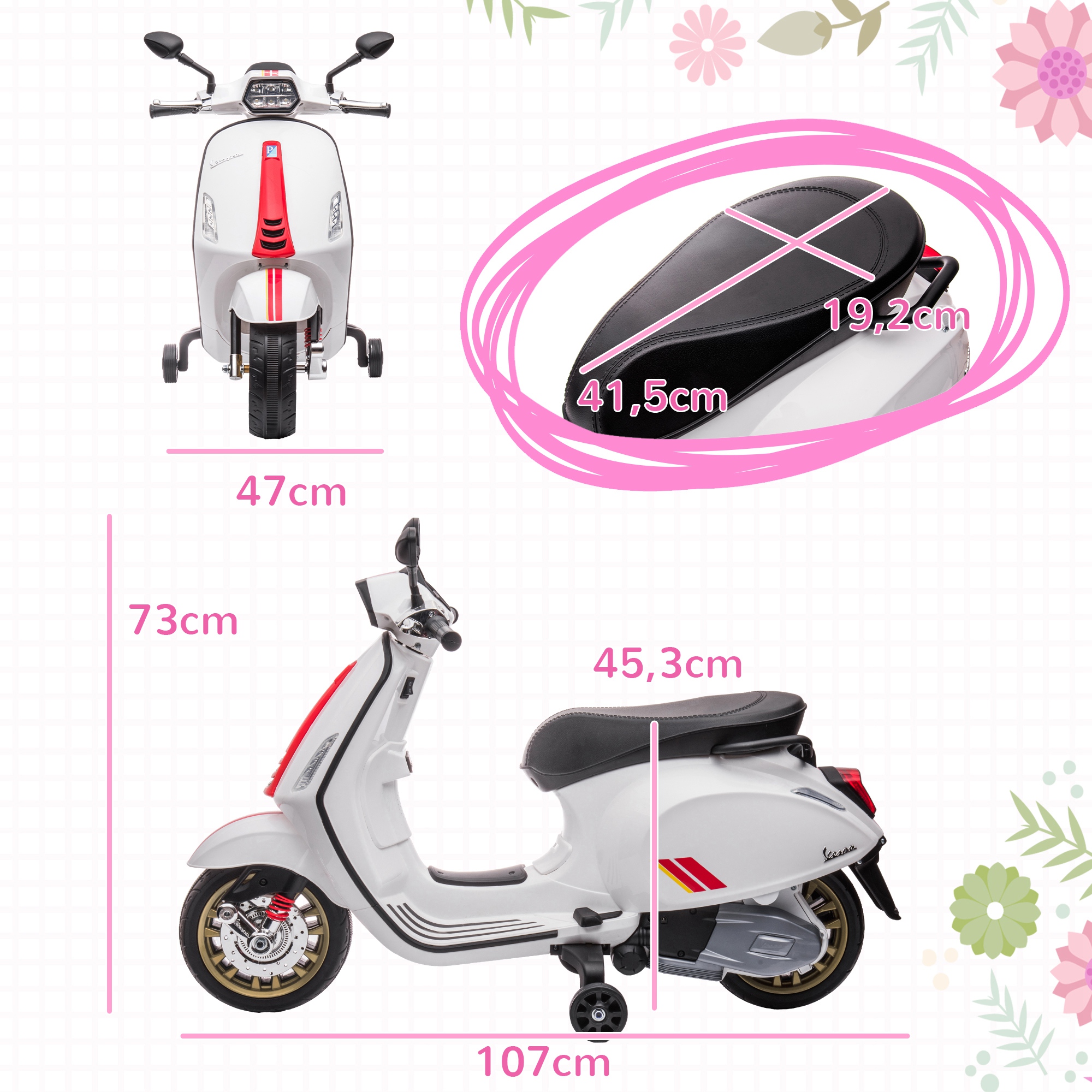 Elektro-Kindermotorrad, Vespa, 3 km/h, 3-6 Jahre, Musik, Licht & Radio, Weiß
