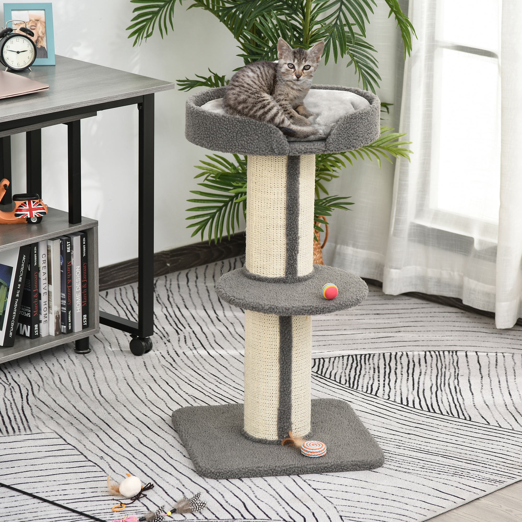 Kratzbaum Katzenturm 91 cm mit Sisalstämme, Plattform, Kissen mehrstöckiger Katzenkratzbaum, Kletterbaum, für mittelgroße Katzen, Grau
