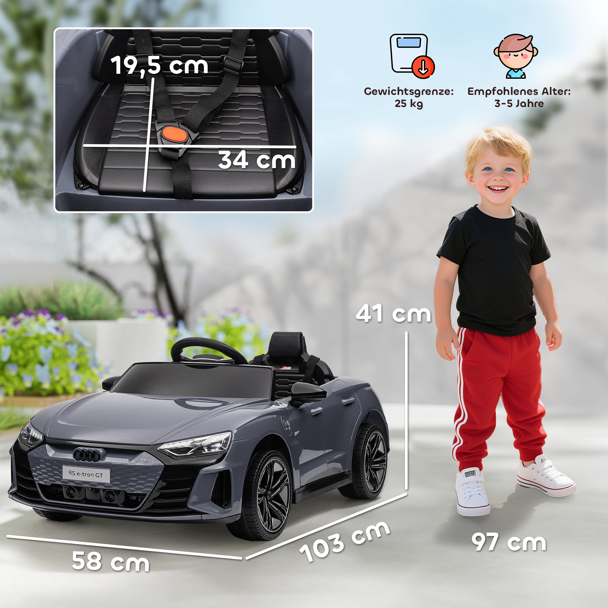 Kinder-Elektroauto mit Fernbedienung, Sicherheitsgurt, Hupe, Musik, Scheinwerfer, bis 5 km/h, 3-5 Jahre, Grau