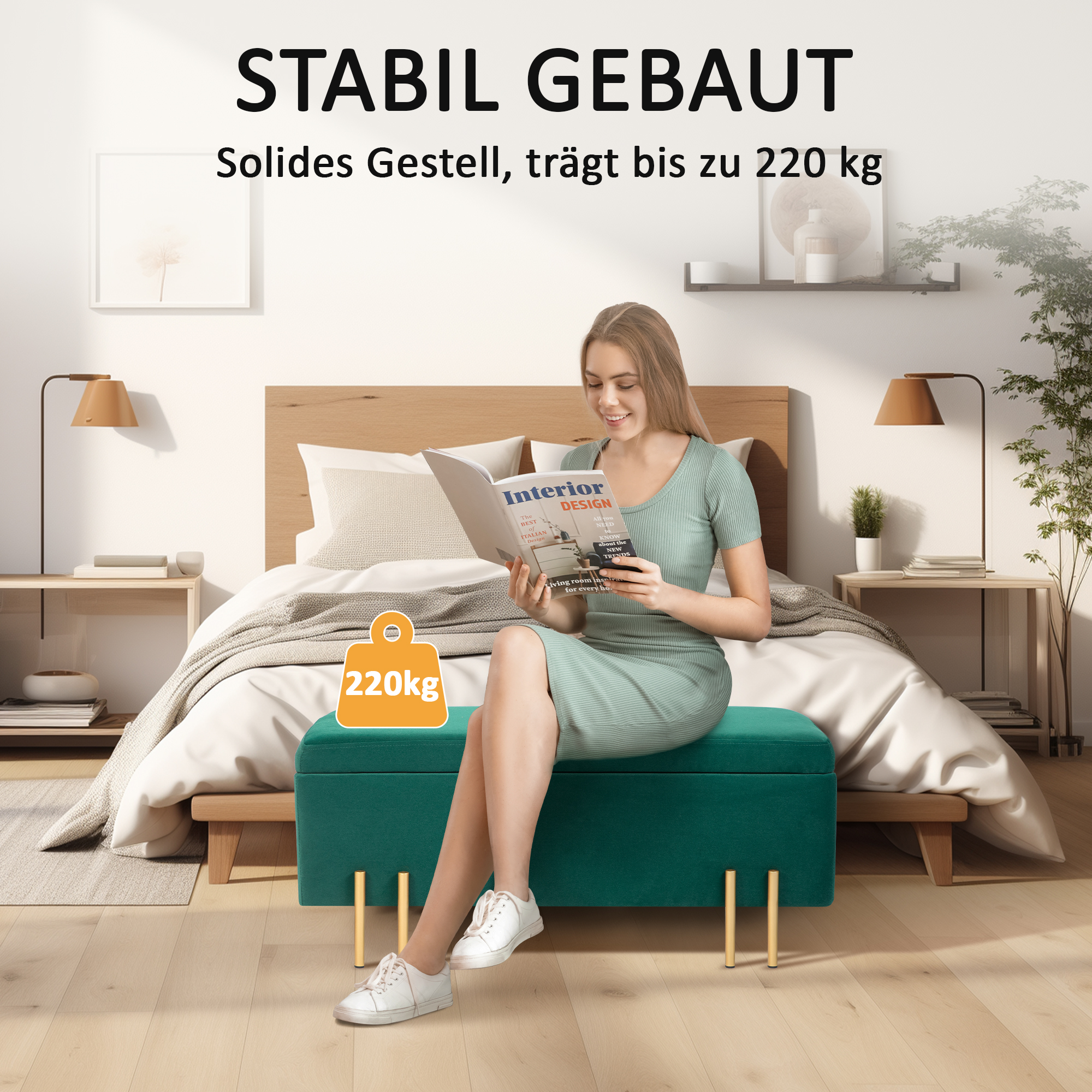 Sitzbank, Polsterbank mit Stauraum, Metall, Kautschukholz, Schaumstoff, 100 x 40 x 42 cm, Grün