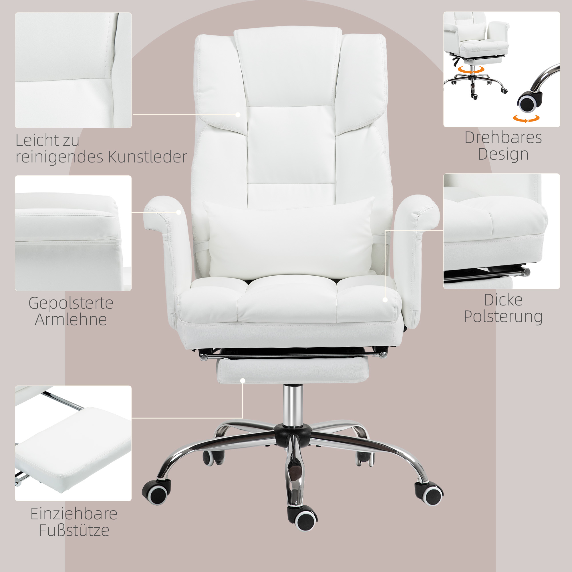 ergonomischer Bürostuhl, höhenverstellbar 48-56 cm, neigbare Rückenlehne, Fußstütze, Weiß