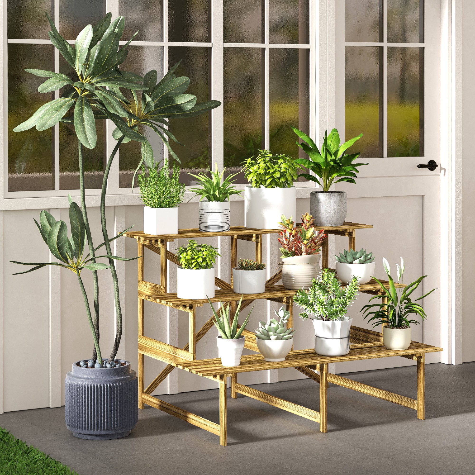 Pflanzentreppe, Blumentreppe, Blumenregal, Pflanzregal, Blumenständer, 3 Stufen, Tannenholz, 120 x 80 x 78cm