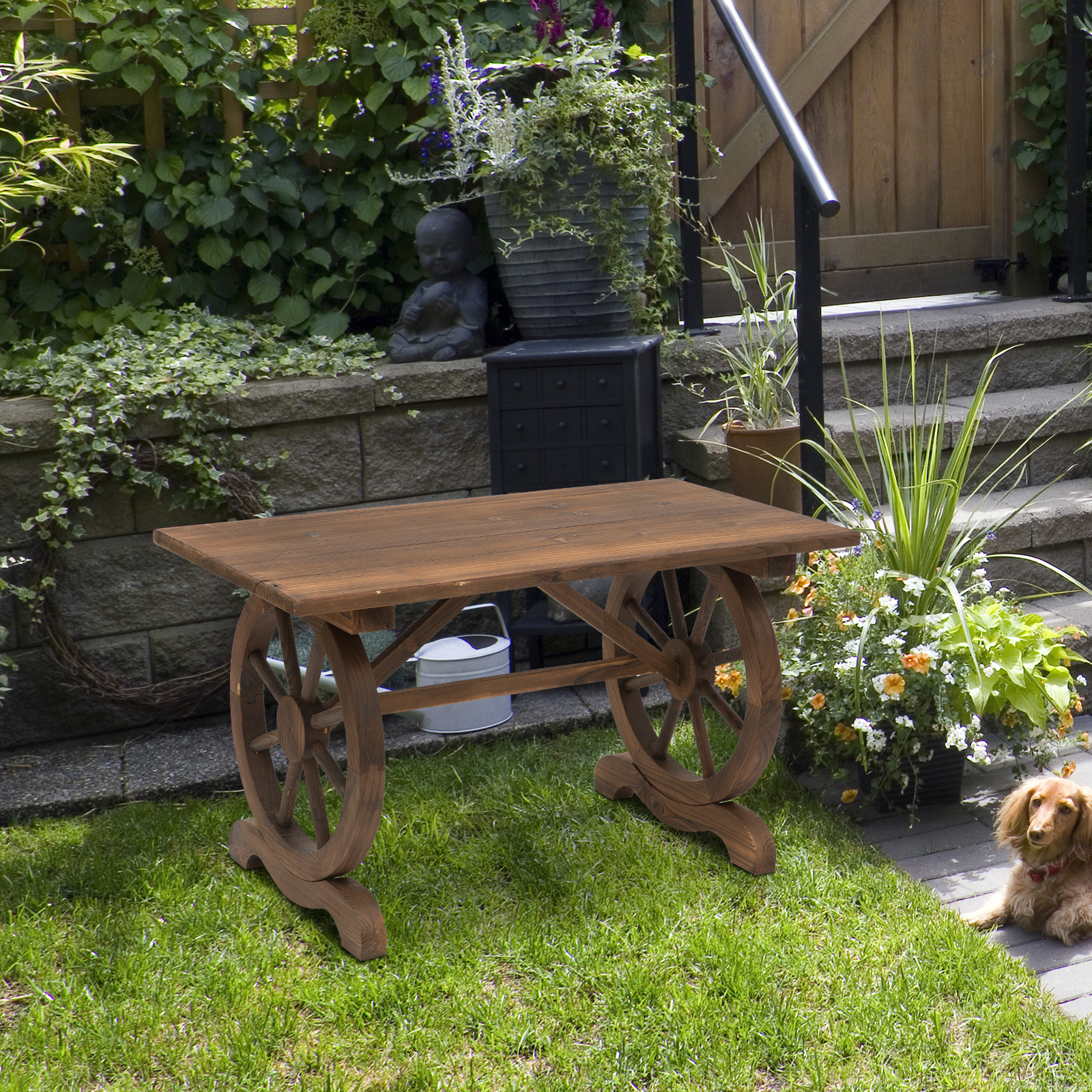 Gartentisch, Balkontisch, Holztisch, Räderform, Witterungsbeständig, Massivholz, Natur, 110 x B60 x H65 cm