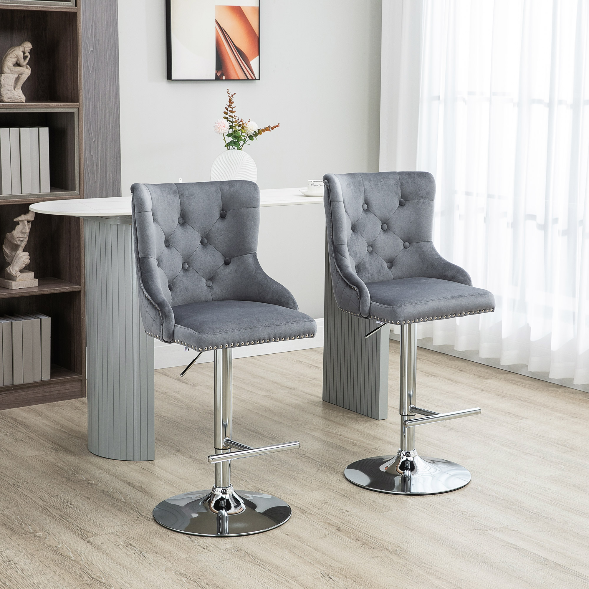 Barhocker, Sitzhocker, 2er-Set, höhenverstellbar, drehbarer Sitz, Fußstütze, Stahl, grau, 49 x 60 x 102-123cm
