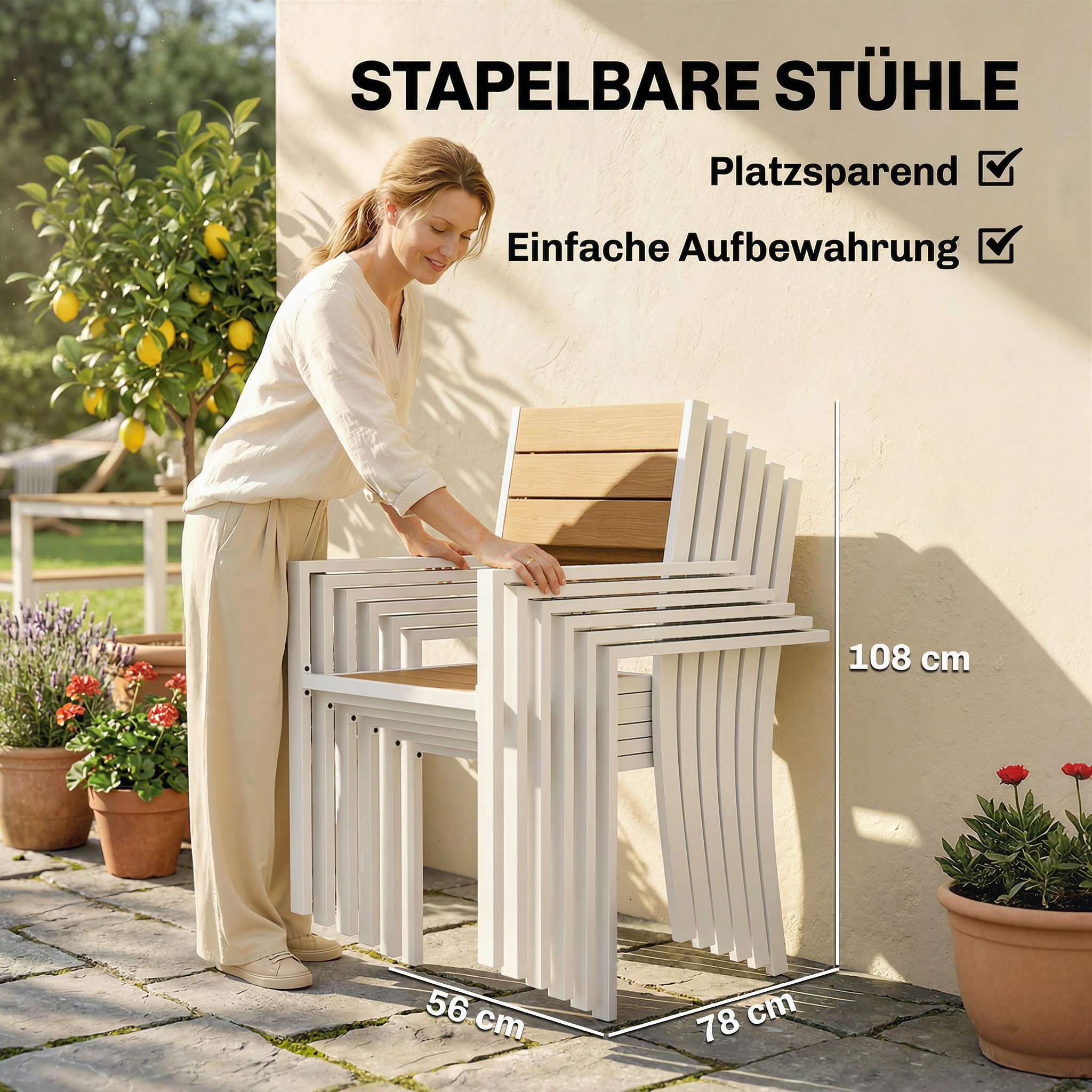 Gartenmöbel Set Sitzgruppe 7-teilig Tisch mit 6 stapelbare Stühlen Holzoptik Aluminiumrahmen Teak