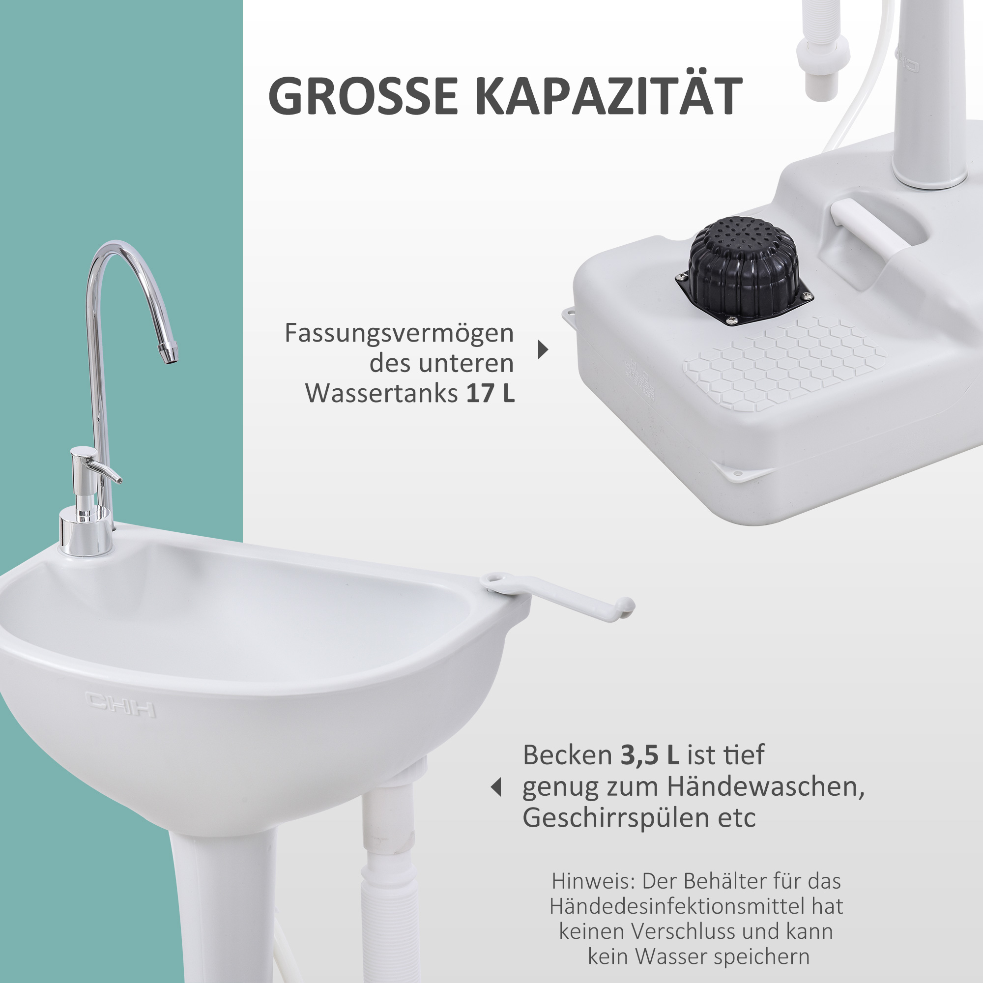 Waschbecken Handwaschbecken Mobiles Waschbecken, tragbar, inkl. Rädern, 51 cm x 33,5 cm x 103cm, Weiß