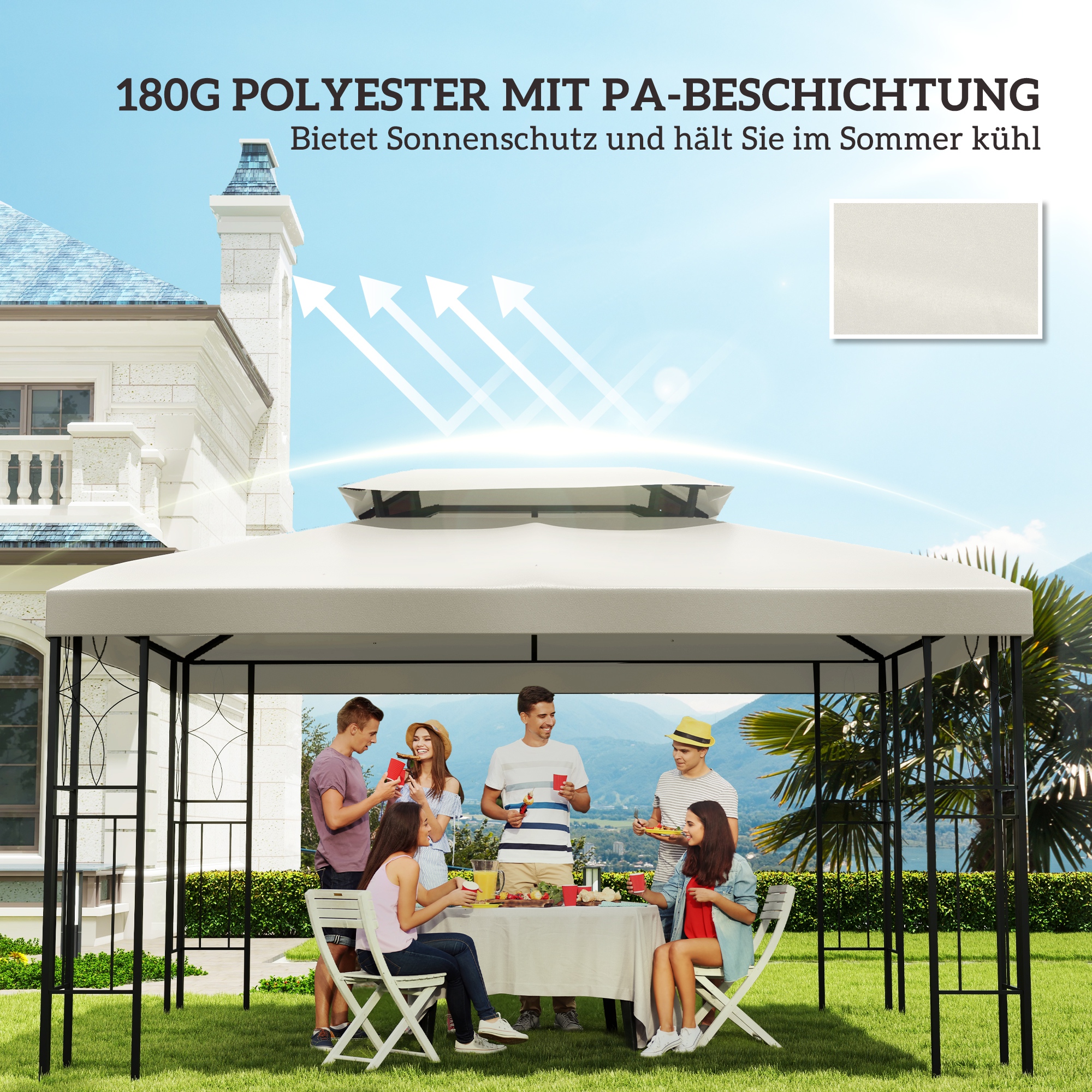 Ersatzdach für Metallpavillon 3x4m wasserabweisend Pavillondach mit Doppeldach, Ersatzbezug für Gartenpavillon Partyzelt Gartenzelt Polyester Cremeweiß