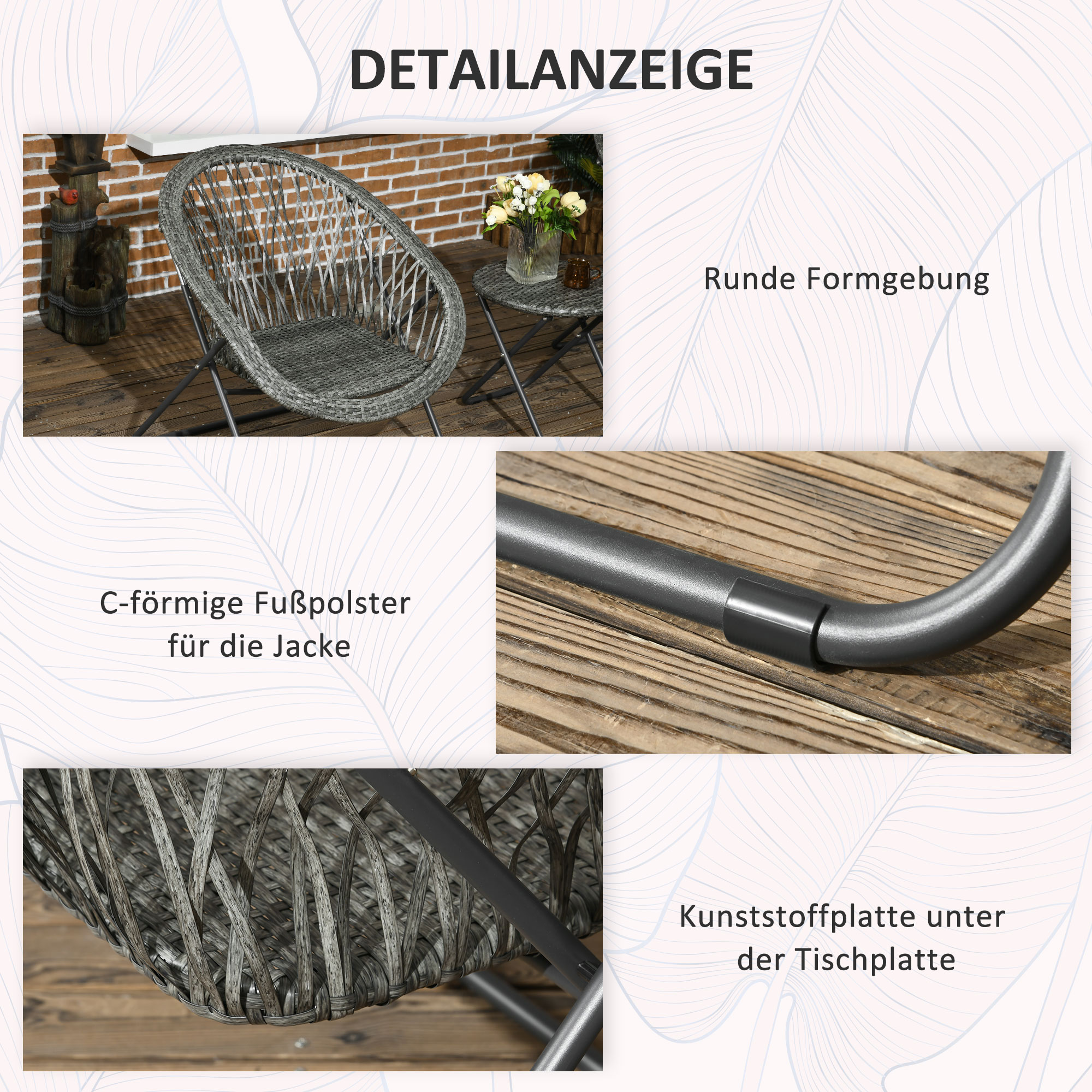 Gartenmöbel-Set, 3-teilig, Rattanoptik, 2 Stühle, 1 Tisch, klappbar, Grau