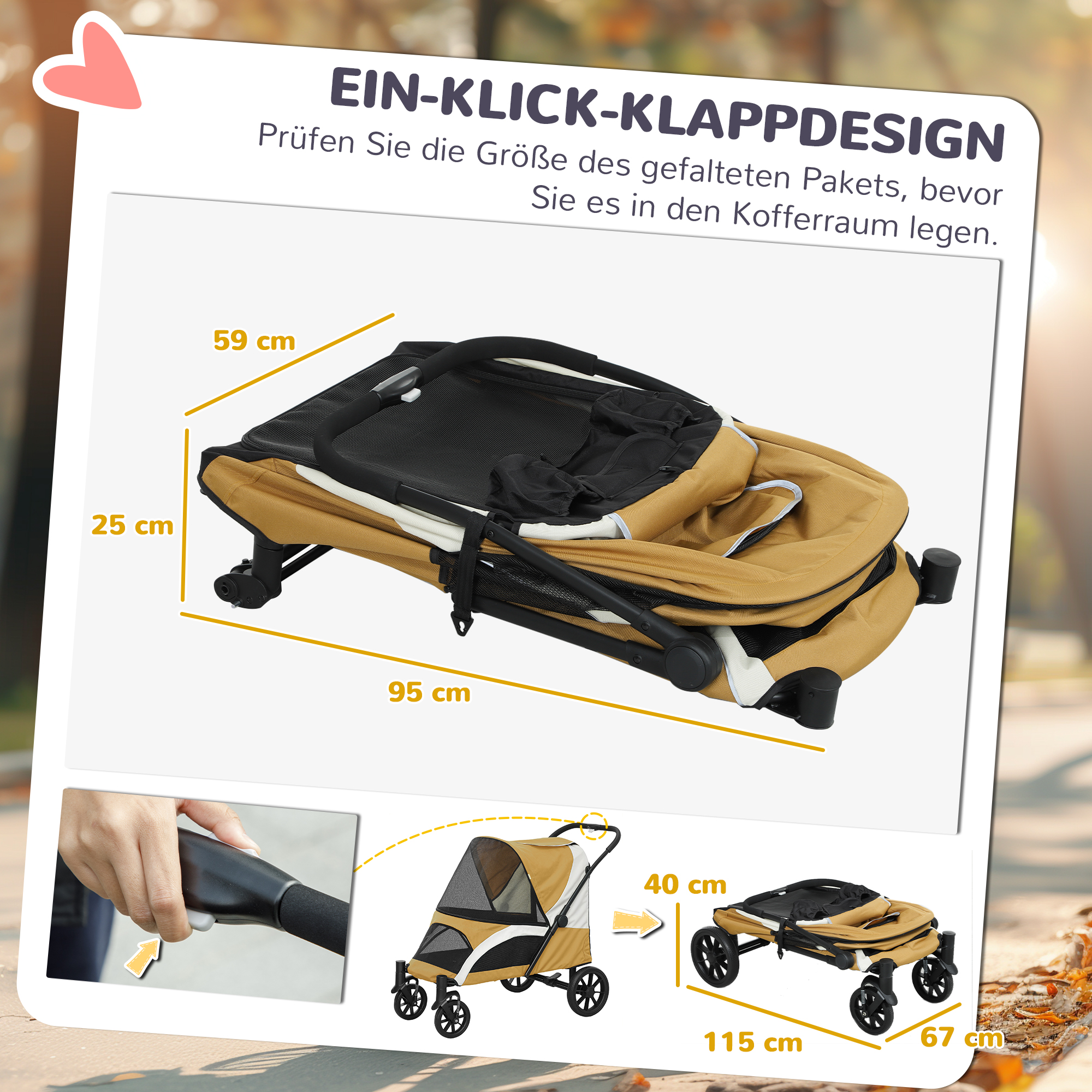 Hundewagen, Faltbarer Hundebuggy für große Hunde, Haustierwagen mit 4 Rädern, Sicherheitsleinen, Bremsen, Braun