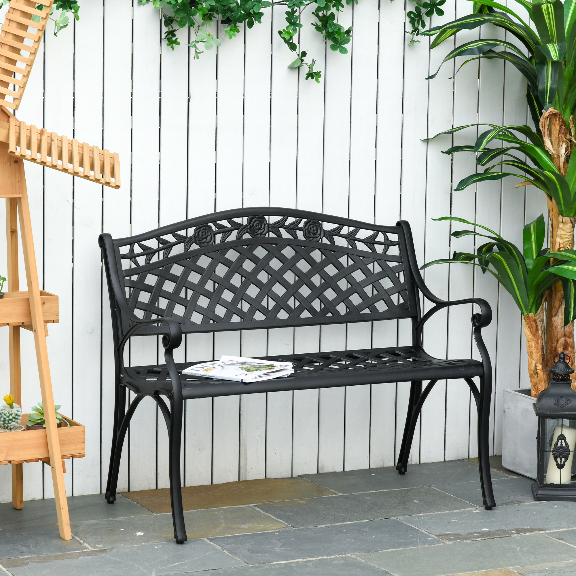 2-Sitzer Sitzbank Alu Gartenbank Metallbank Bank mit Armlehnen Landhausstil Schwarz 102,5 x 61 x 84 cm