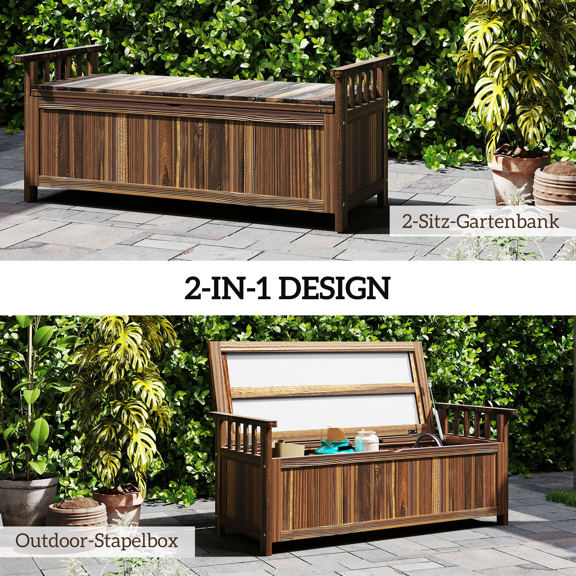 2-Sitzer Gartenbank Holz, wetterfest Sitzbank, Gartenmöbel mit Stauraum Armlehnen 128,5 x 56 x 53,5cm, Verkohlt