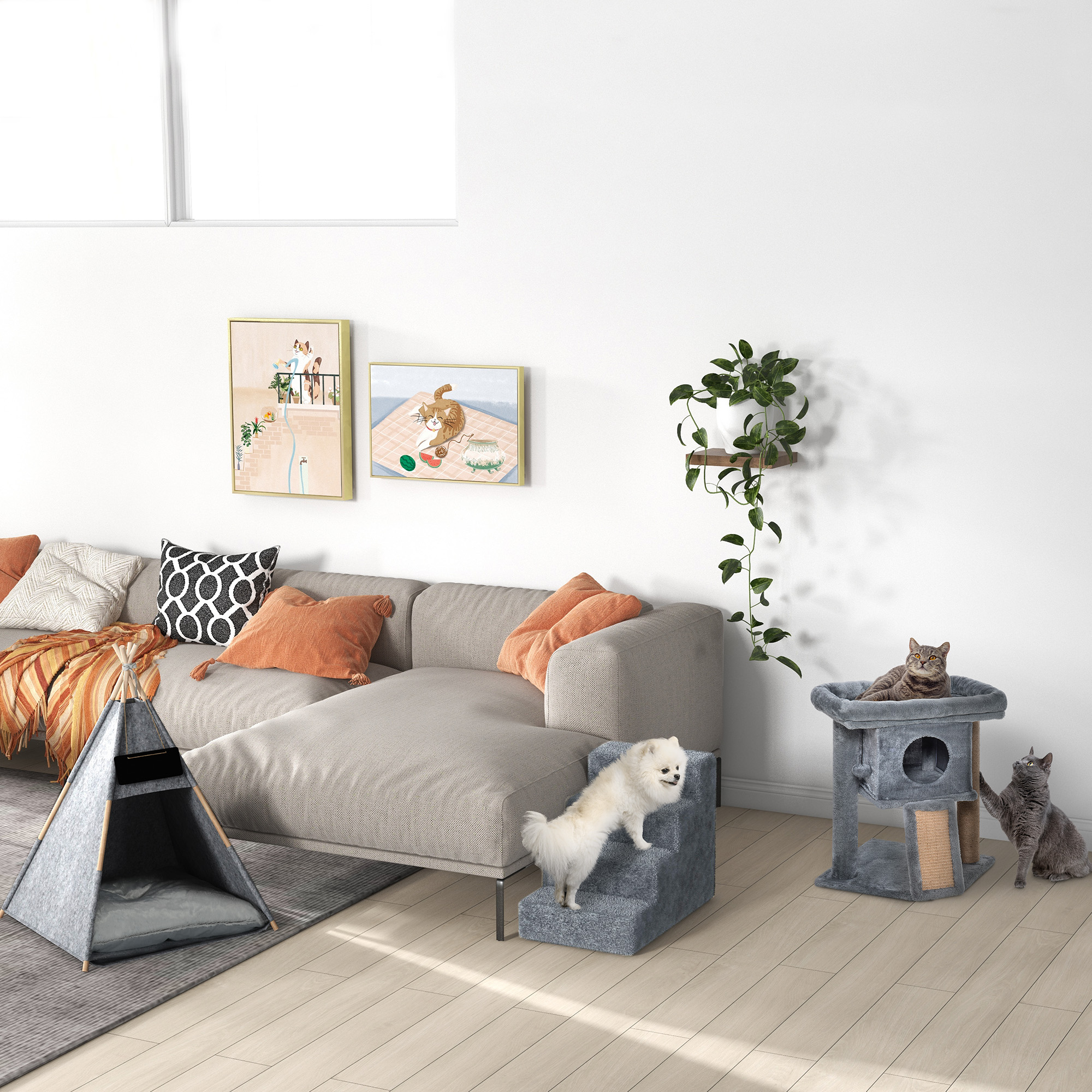 Haustierzelt Katzenhaus Hundezelt Katzenbett Katzenzelt mit weichem Kissen Plüsch Filz maschinenwaschbar Grau 58 x 58 x 80 cm