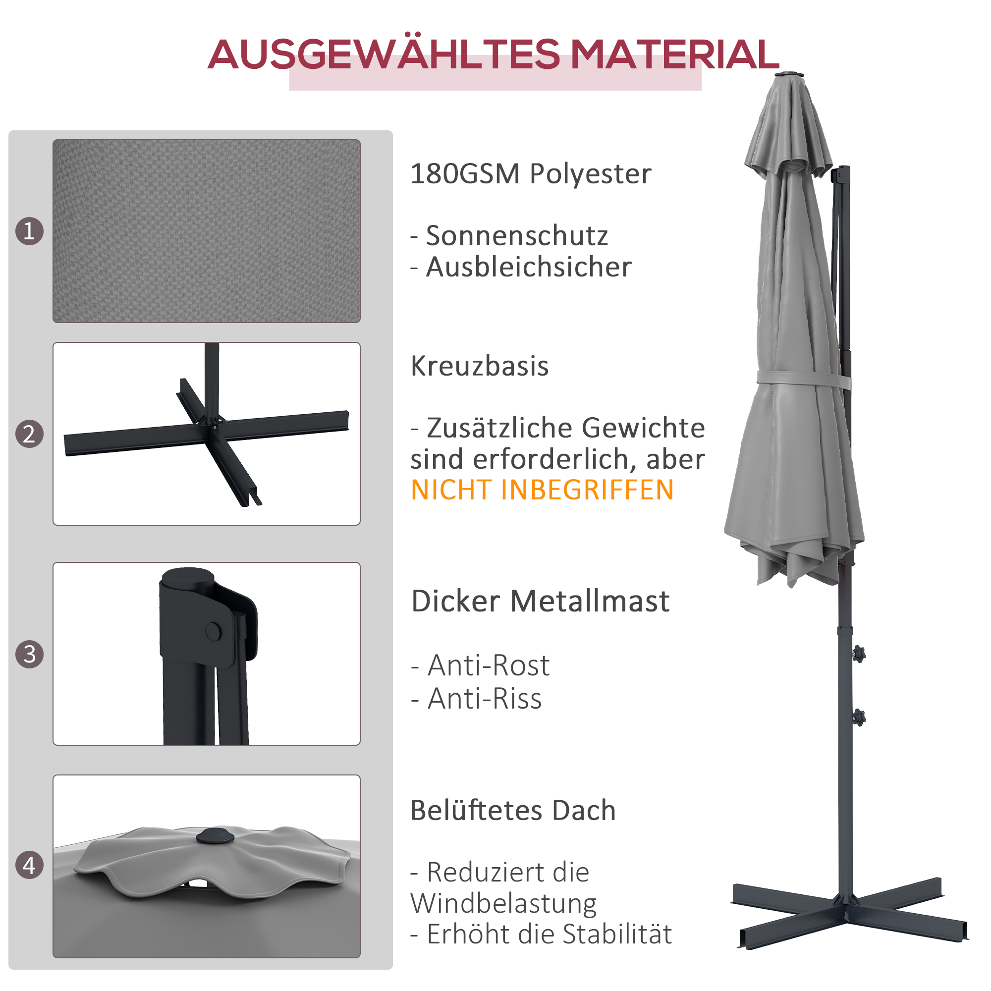 Ø3 m Ampelschirm, neigbar, drehbar, Handkurbel, Windhaube, Metallmast, Dunkelgrau