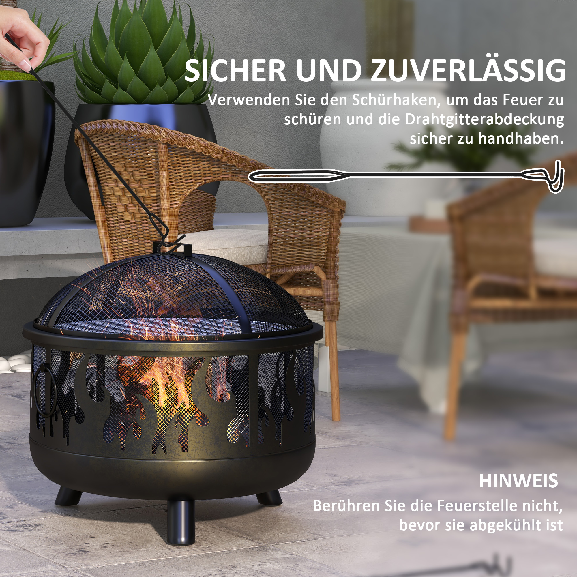 Feuerschale Feuerstelle, inkl, Funkenschutz, 1 Schürhaken, Ø61,5 cm x 52 cm, Schwarz