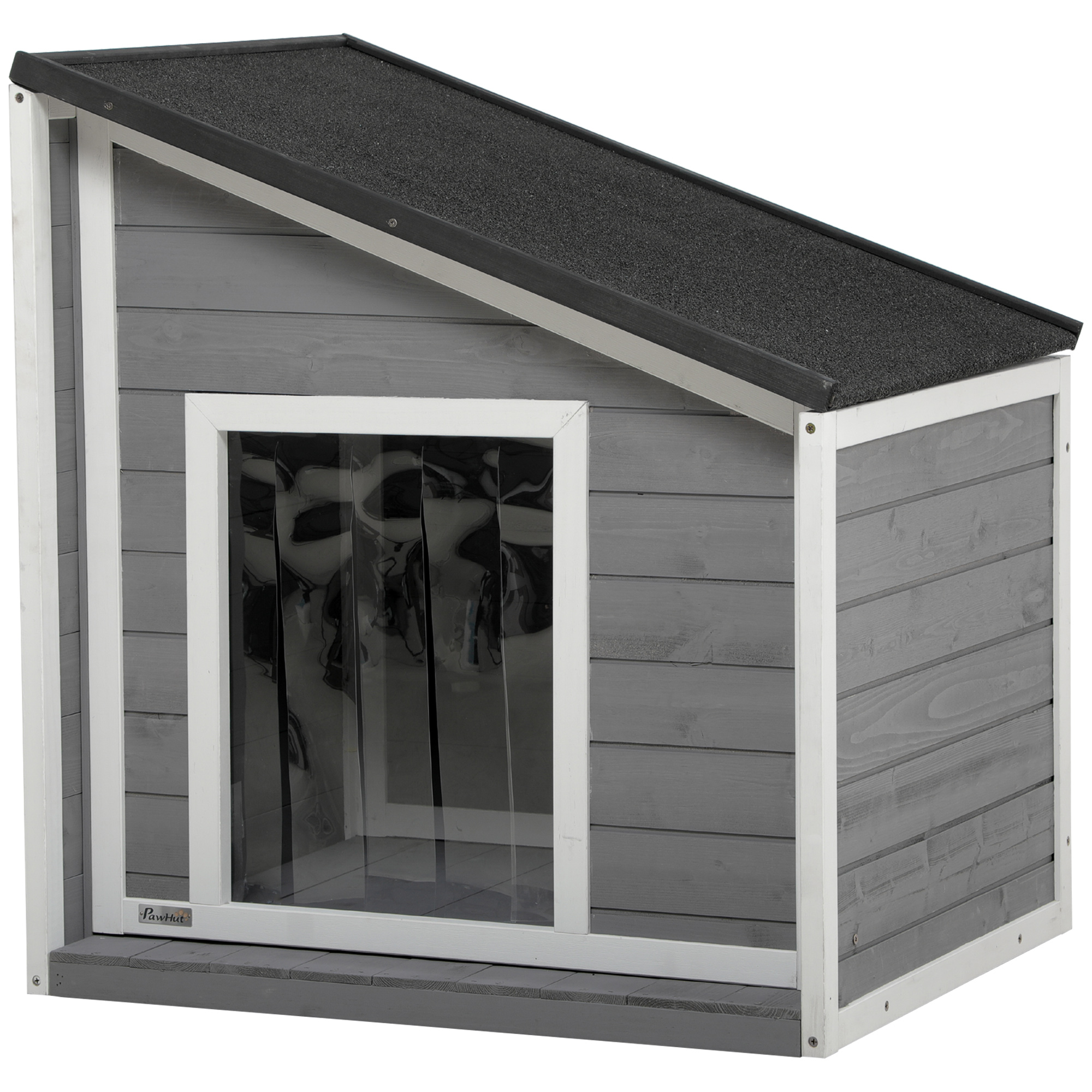 Hundehütte aus Massivholz, wetterbeständig, Asphaltdach, 71 cm x 58 cm x 77 cm, Grau + Weiß