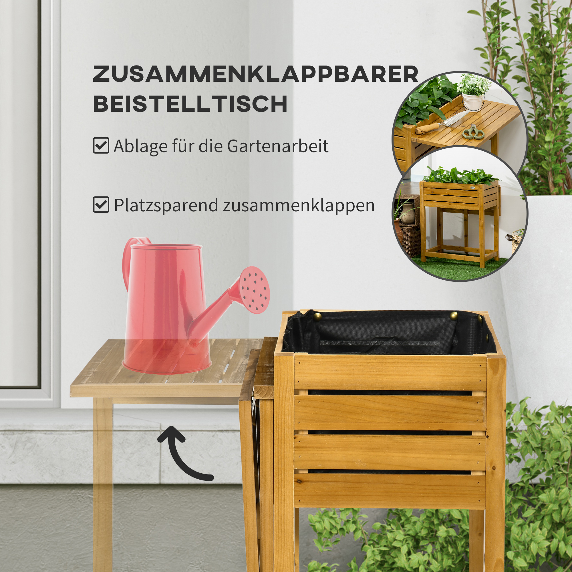 Hochbeet mit klappbarer Arbeitsfläche, lackiertes Massivholz, Innenverkleidung aus Vlies, 64cm x 63cm x 74,5cm