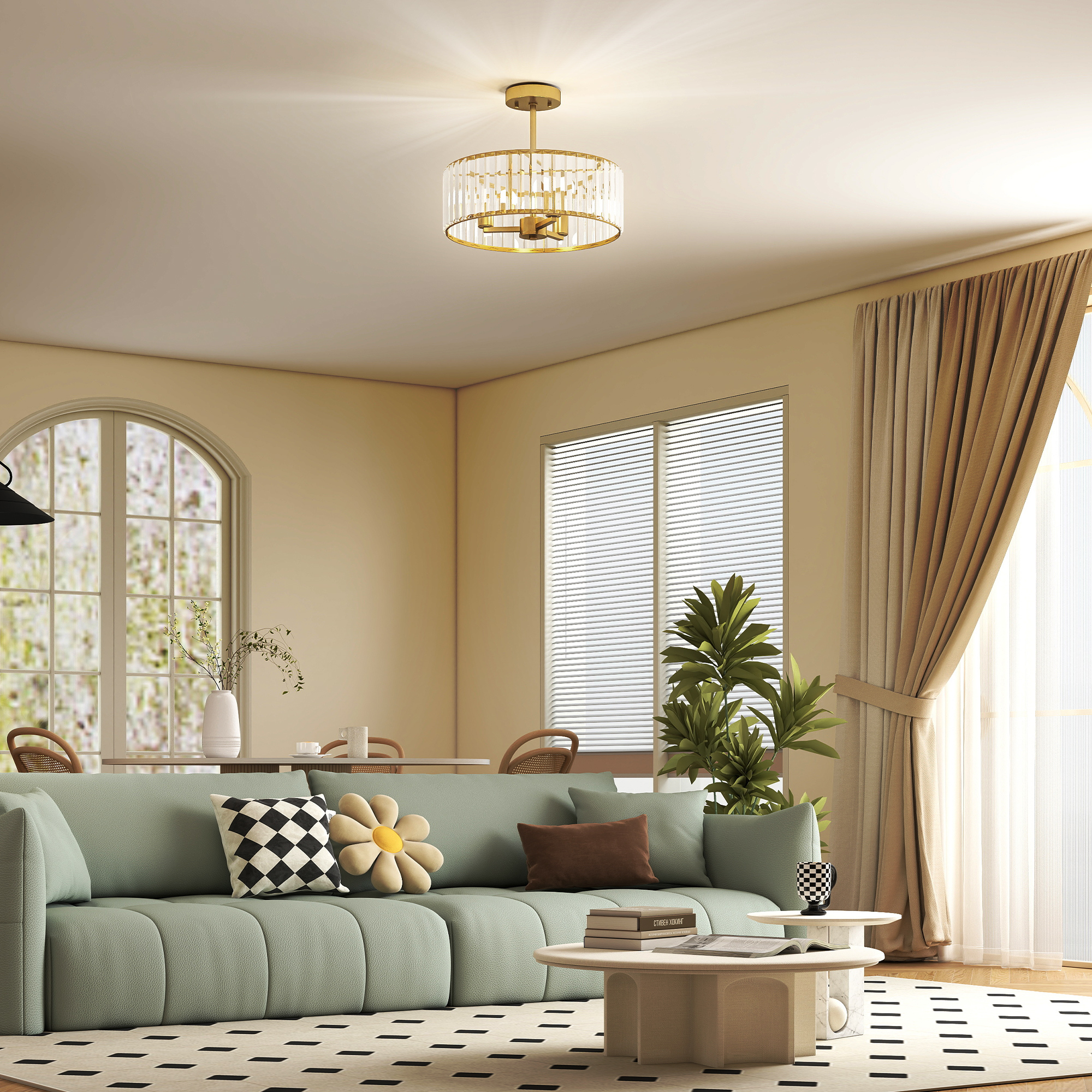 Deckenlampe, Kronleuchter-Design, Kristallschirm, 3 Glühbirnen, Metall, Goldfarben