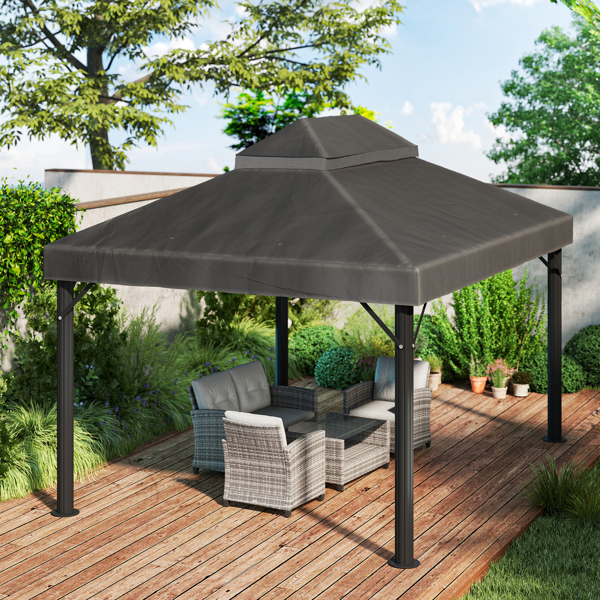 Pavillon-Ersatzdach, 3 x 4 m, Ersatzplane mit Wasserablauf-Öffnungen, Polyester, Sonnenschutz, UPF30+, Dunkelgrau