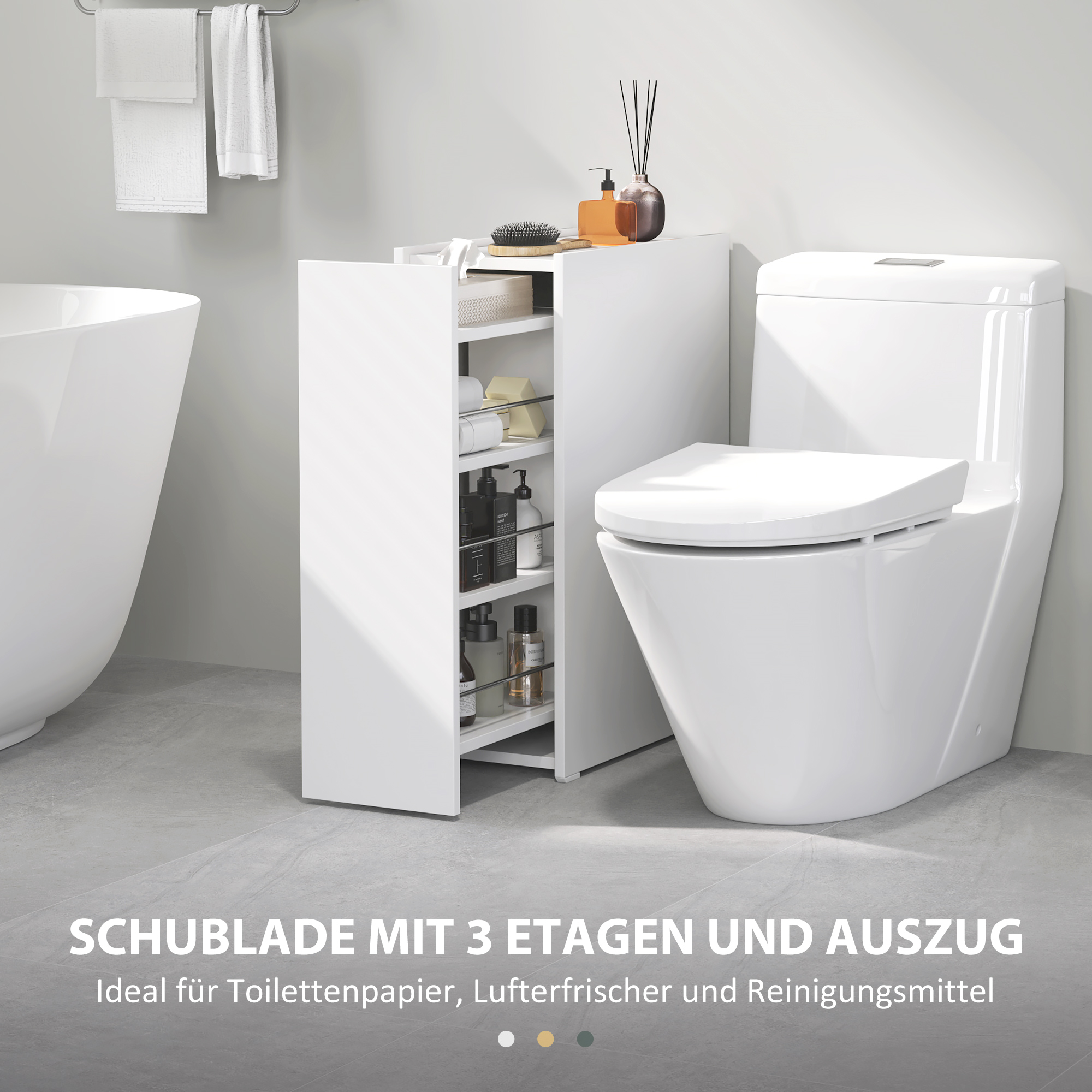 Schmaler Badezimmerschrank, Bodenschrank mit tiefer Schublade, Freistehender Badschrank, Spanplatte, Weiß