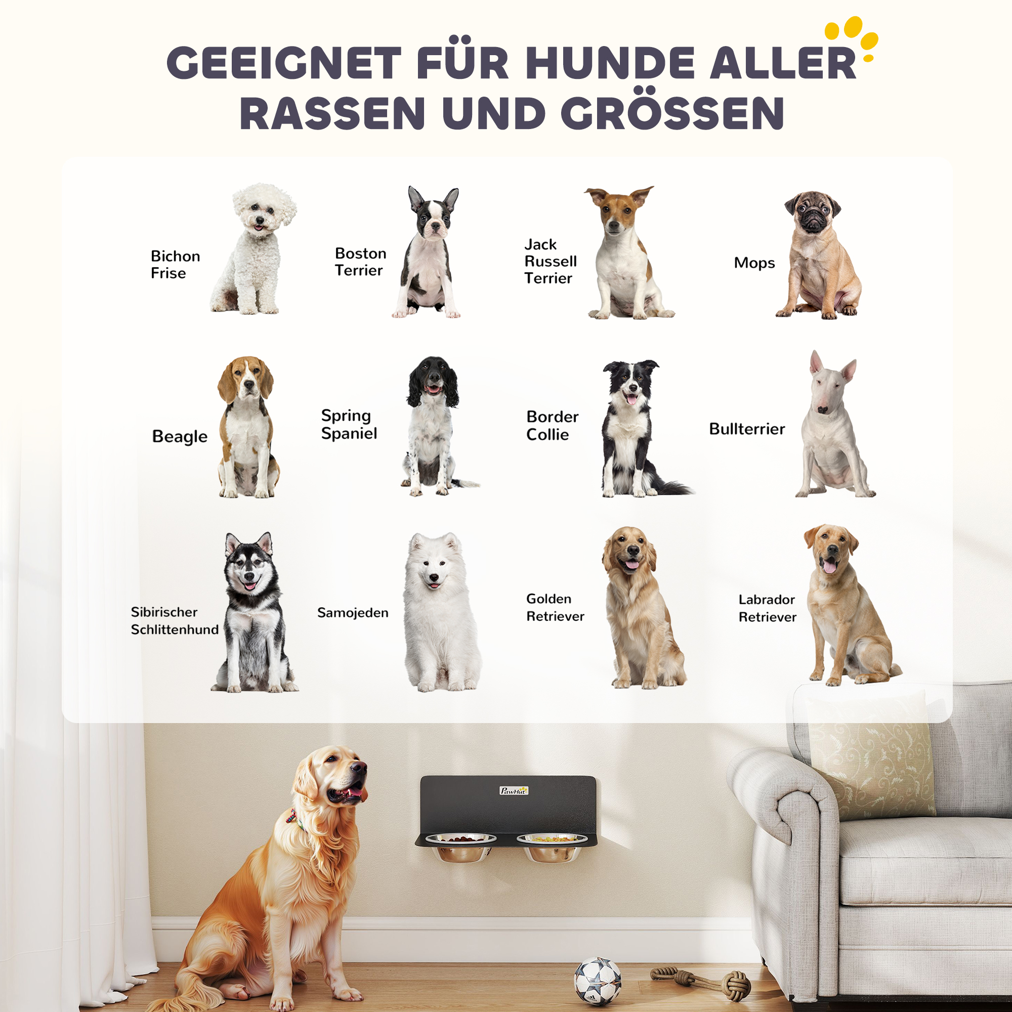 Hundenapf höhenverstellbar Wand Futternapf mit 2 x 800ml Edelstahlnäpfen 42 x 23,5 x 14 cm Schwarz