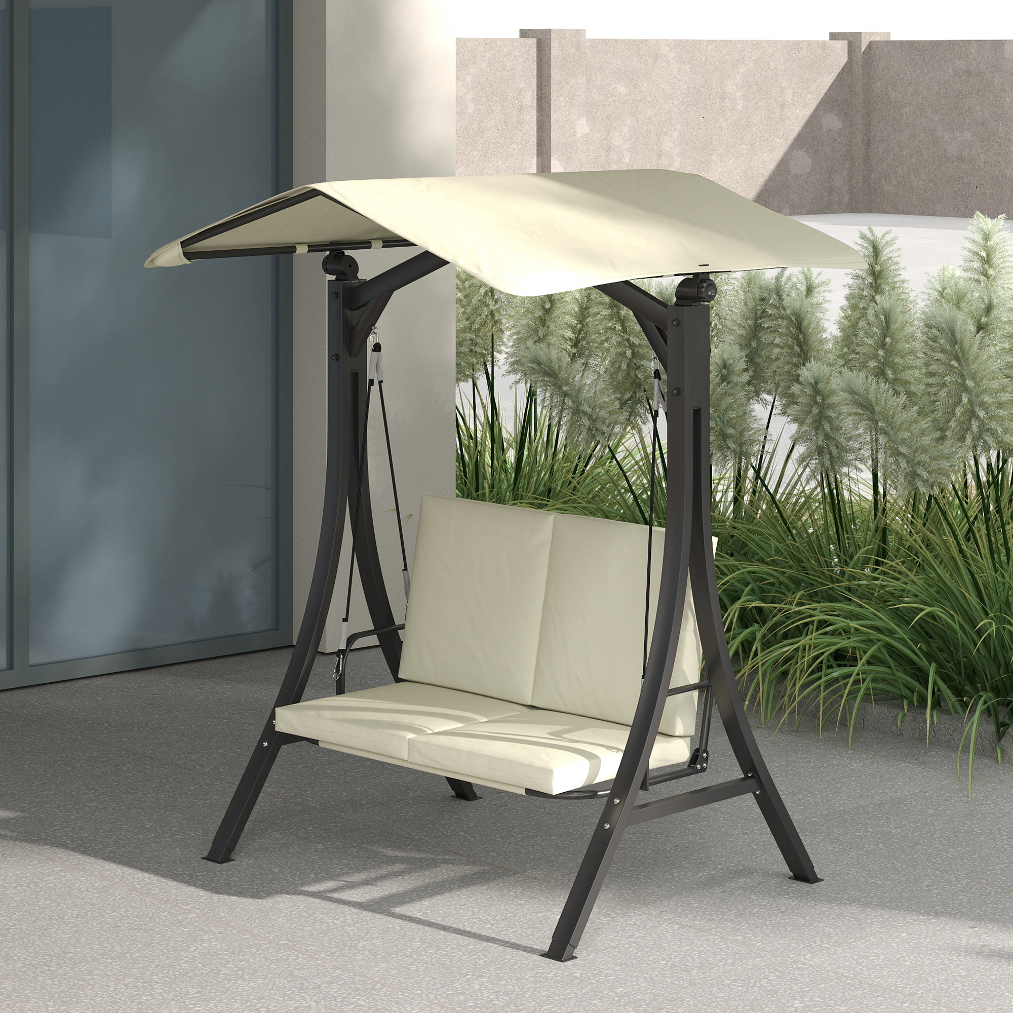 Hollywoodschaukel mit verstellbarem Sonnendach Sitzauflage, 2-Sitzer bis 220kg 150x120x182cm, Cremeweiß