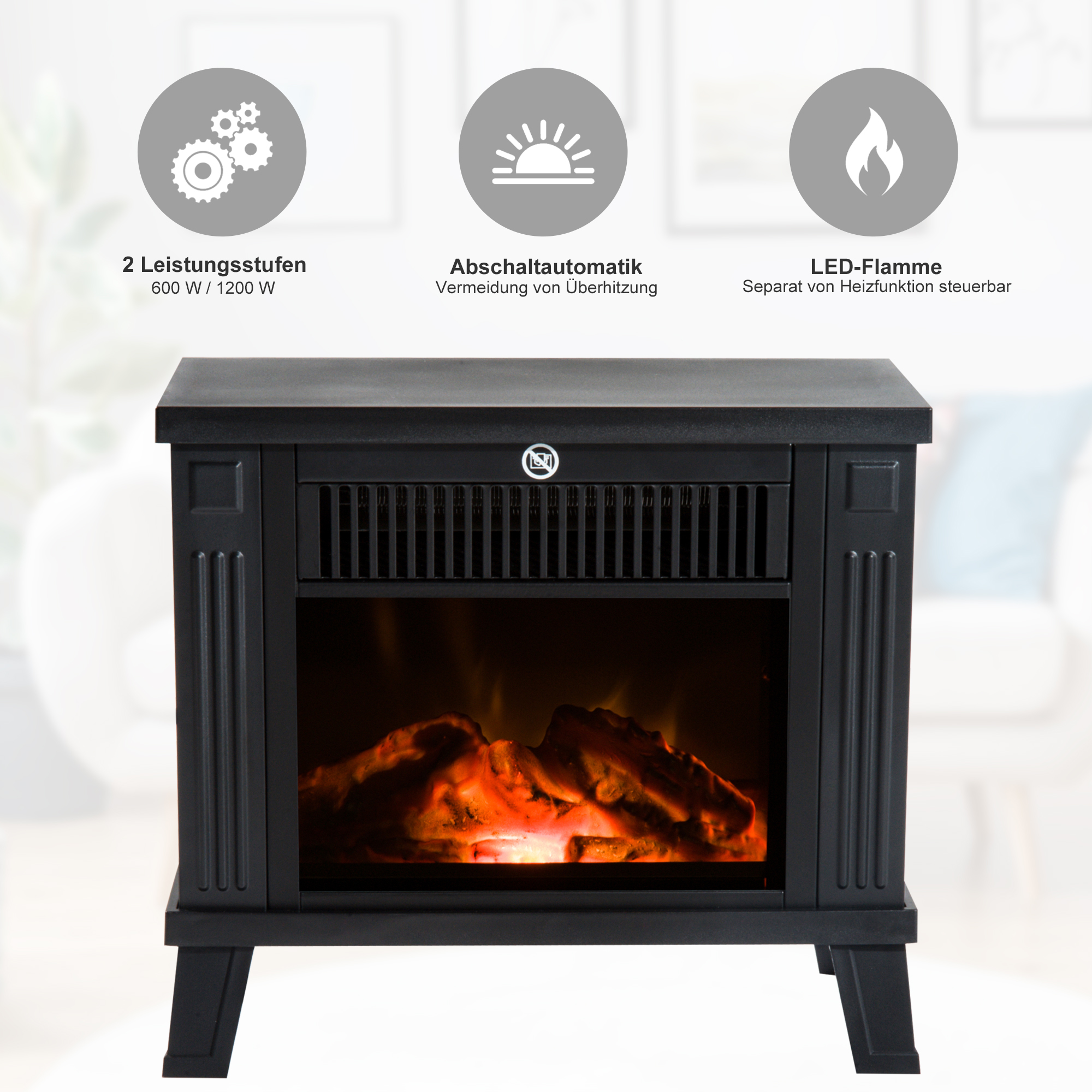 Elektrokamin Elektrischer Kamin Kaminofen Standkamin mit Flammeneffekt 600/1200W, Metall, Schwarz, 34x17x31 cm