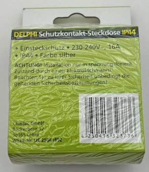 DELPHI Schutzkontakt-Steckdose IP44, 250V~/ 16A, inkl. Rahmen, UP, silber