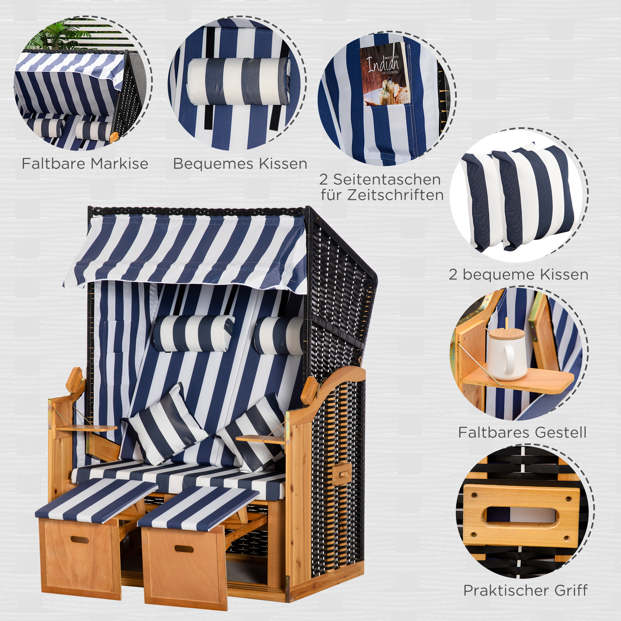 Strandkorb, doppelte Sonnenliege mit Dach, inkl. 1Klapptisch, Blau