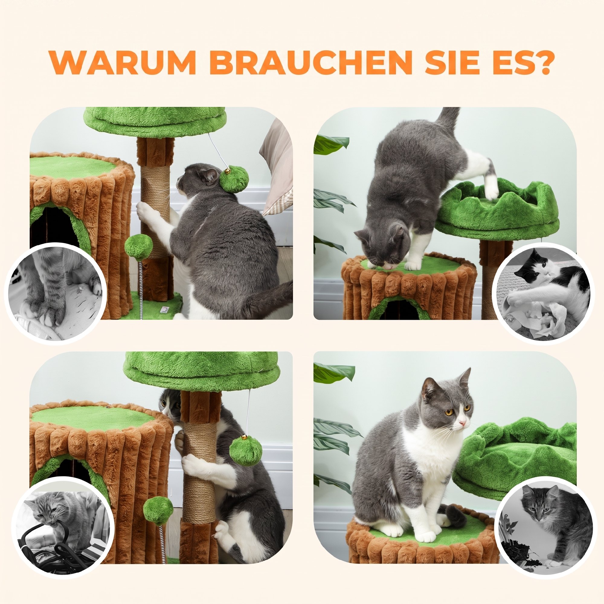 Kratzbaum 53 cm hoch Katzenbaum mit Höhle, Baumstamm-Design, Jutestämme, 2 Bälle  für 1-2 Katzen unter 5 kg, Braun+Grün