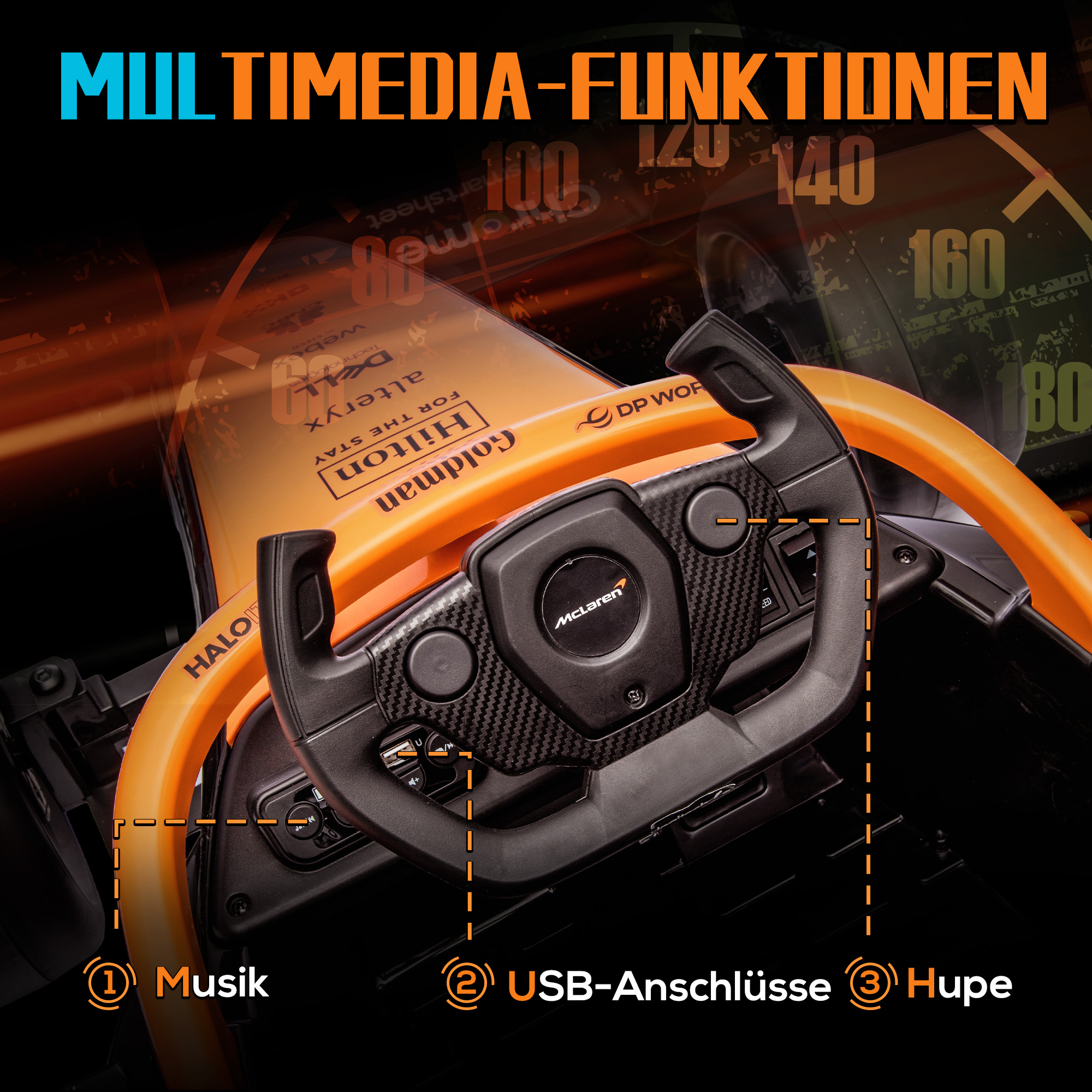 Elektro-Kinderauto, McLaren Formel-1, inkl. Fernsteuerung, Musik, für 3-5 Jahre, Orange