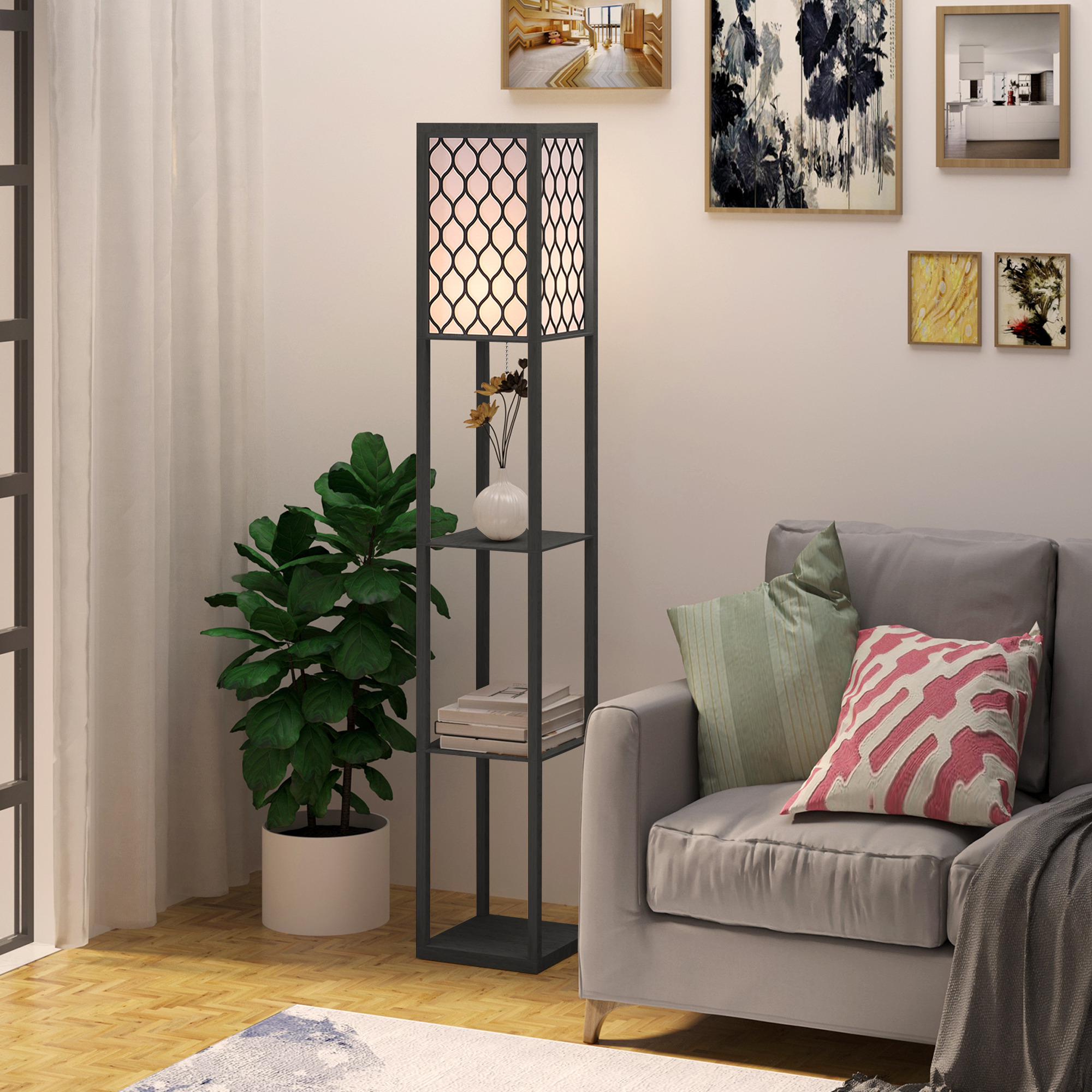 Stehlampe Wohnzimmer mit Regal, Stehleuchte Standleuchte mit E27 Fassung für Wohnzimmer Schlafzimmer, exkl. Glühbirne
