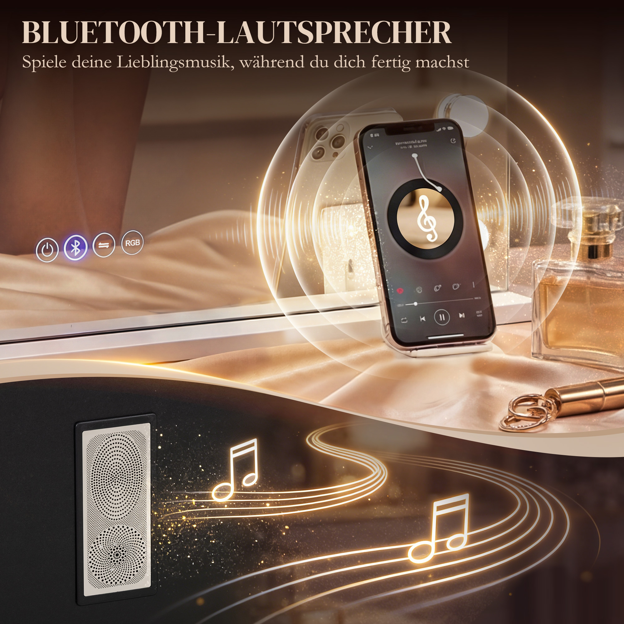 Hollywood Schminkspiegel mit 18 dimmbaren LED-Lampen, 3 Farben, RGB-Licht, Bluetooth-Lautsprecher, 10x Vergrößerung Weiß